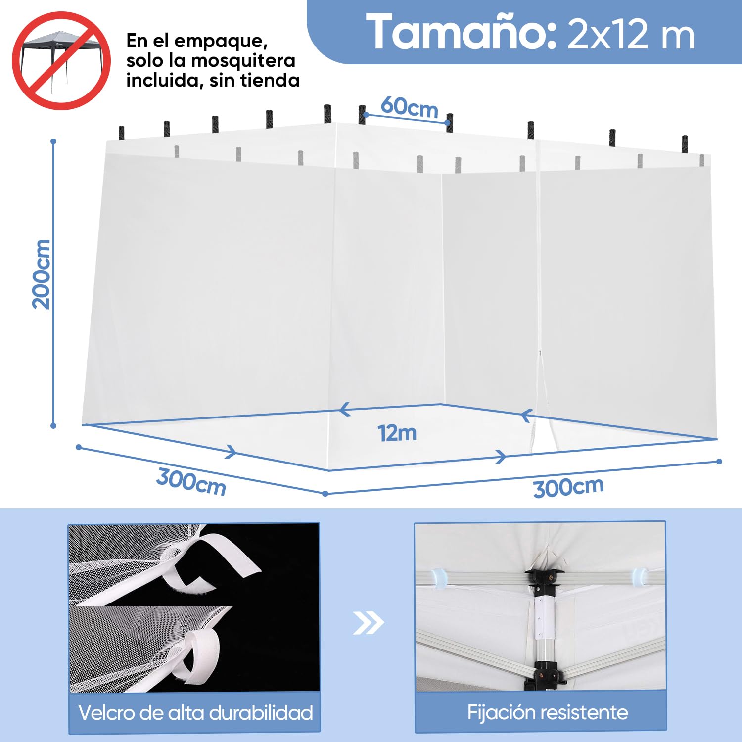 Sekey Mosquitera para Carpa 3 x 3 m, Carpa No Incluido, Mosquitera para Cenador con Cremallera e Tiras de Velcro, Blanco