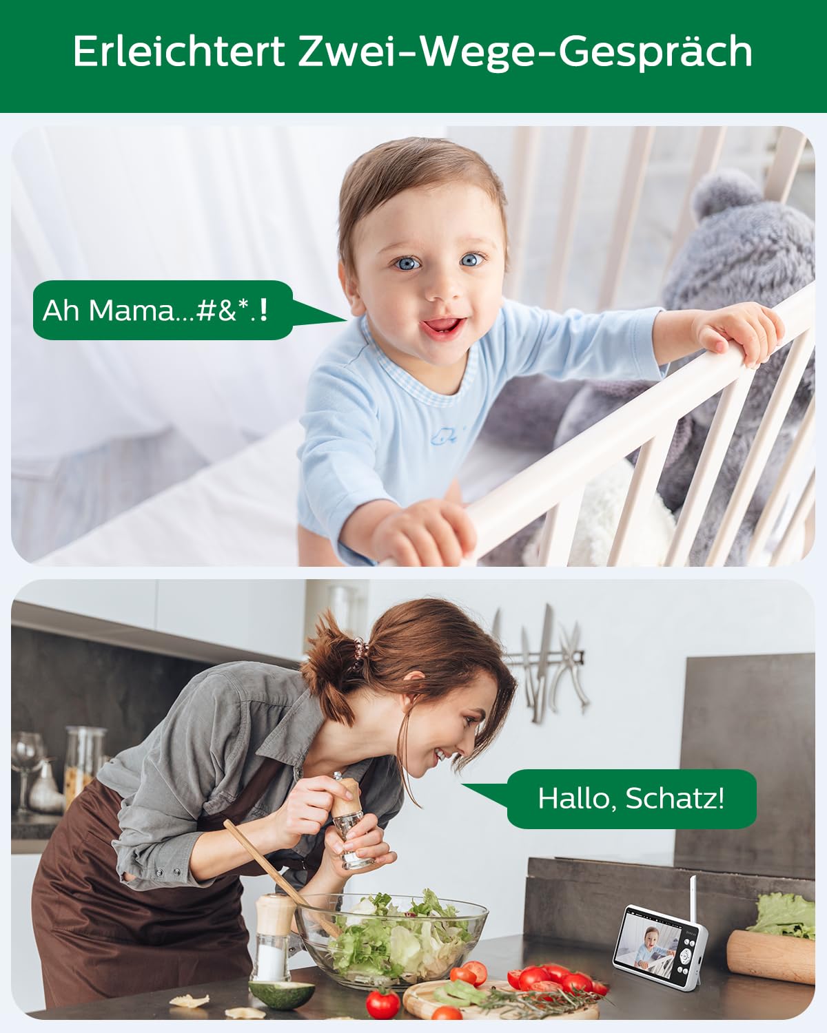 Babyphone mit 2 Kameras, 5 Zoll 720P HD Video Babyphone ohne WLAN | 4000mAh Akku, PTZ 355°, Nachtsicht, Zwei-Wege-Audio, VOX-Modus, Temperaturanzeige, Schlaflieder