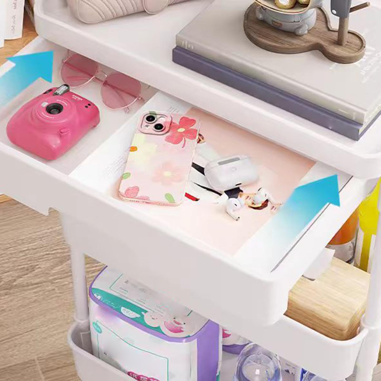 Carrito utilitario de 3 niveles, carrito de almacenamiento con | cajones, carrito de almacenamiento portátil rodante, carrito utilitario compacto multiusos para cocina, dormitorio, sala de e