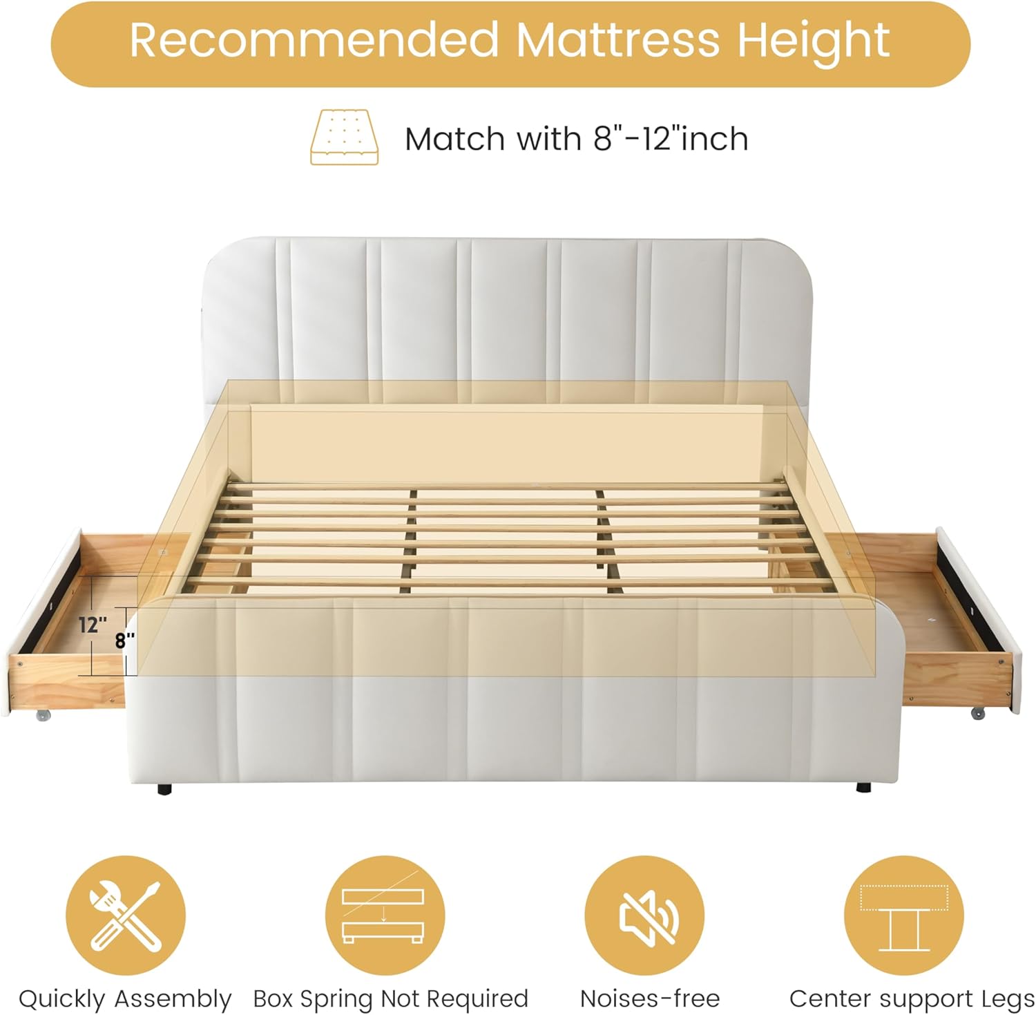 Upholstered Storage Bed Frame with Gold Trim, 2 Wooden Drawers, No Box Spring Required (White, King (U.S. Standard))