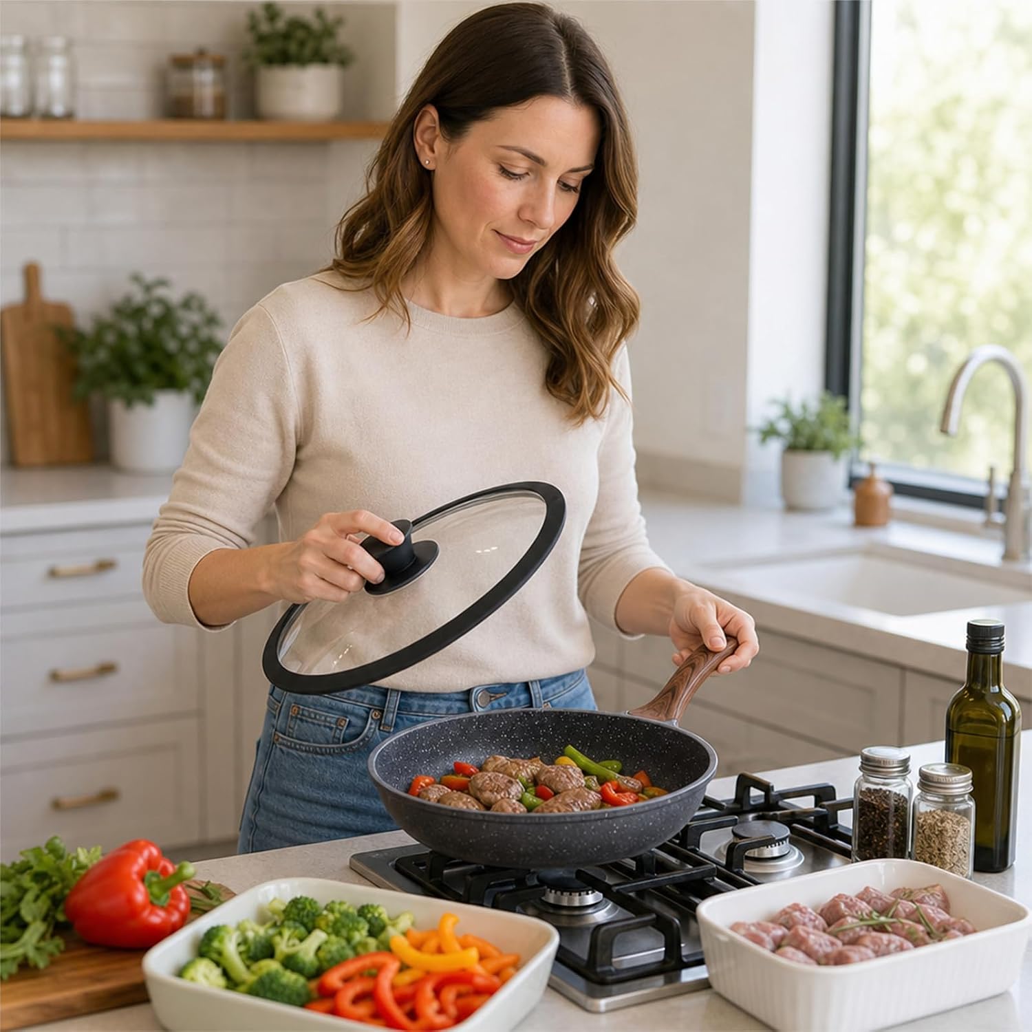 9.5 inch Silicone Lid Compatible with SENSARTE Frying Pan,Silicone Tempered Glass Pan Cover with Steam Vent