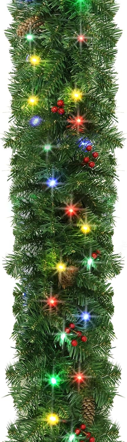 9ft Christmas Garland with Lights, 50 Multicolor LED & 8 Modes, Battery Operated with Timer, 220 PVC Branches with Pine Cones and Berries, for Indoor Outdoor Decor, Fireplace, Staircase, Mantle