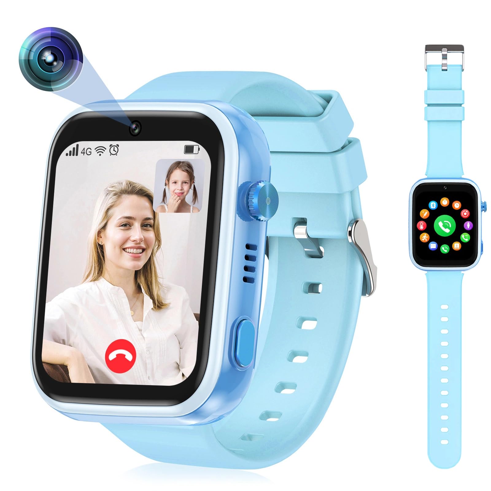 OKYUK Smartwatch dziecięcy 4G z trackerem GPS, dwukierunkowe połączenia, SOS, smartwatch z wieloma stylami pulpitu do wyboru dla 6-12 chłopców i dziewczynek (niebieski)