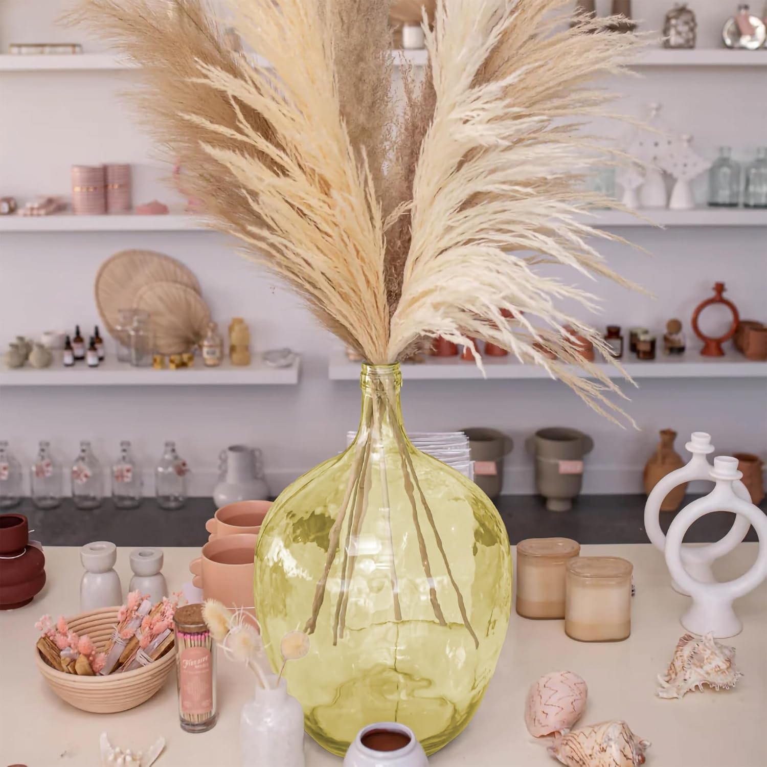 21" Extra Large Glass Floor Vase for Tall Pampas Grass, Golden Clear Big Glass Vases for Tall Branches Plant, Heavy Duty Round Balloon Vase for Living Room Home Decor