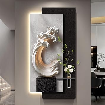 Sandstone 3D Wall Art Decor with Led Lights, Luminous Relief Walls Art Sculptures with Glass Vase Faux Greenery, Creative Hanging Decorative Painting Mural Entrance FoyerColor 1,60x120cm/23.6x47.2