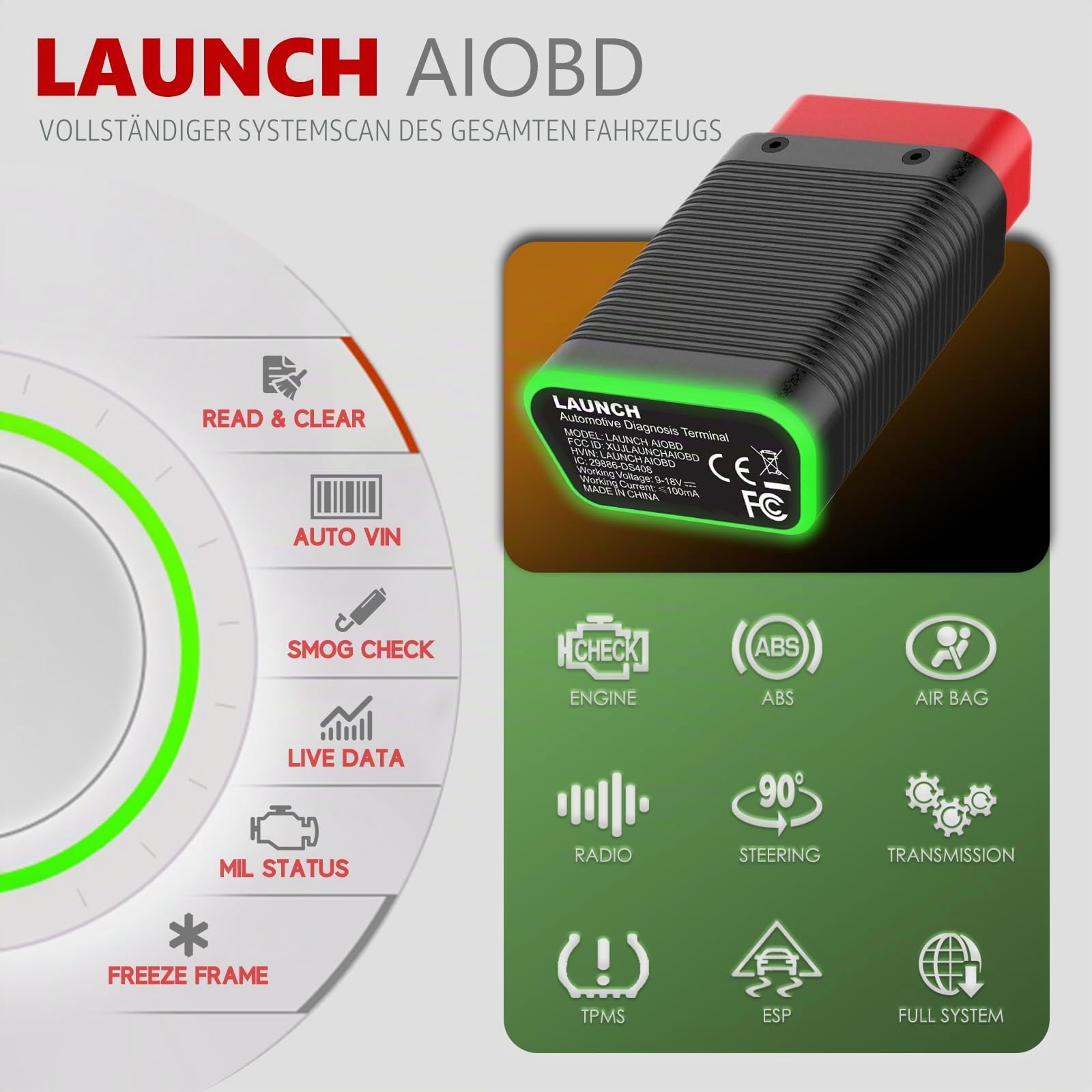 Launch AIOBD Bluetooth OBD2 Scanner mit KI, AI-Diagnosegerät Auto mit Vollsystem, OBD-II Fehlercodeleser für iOS & Android, Motor, ABS, Airbag-Diagnose & Wartungsfunktionen