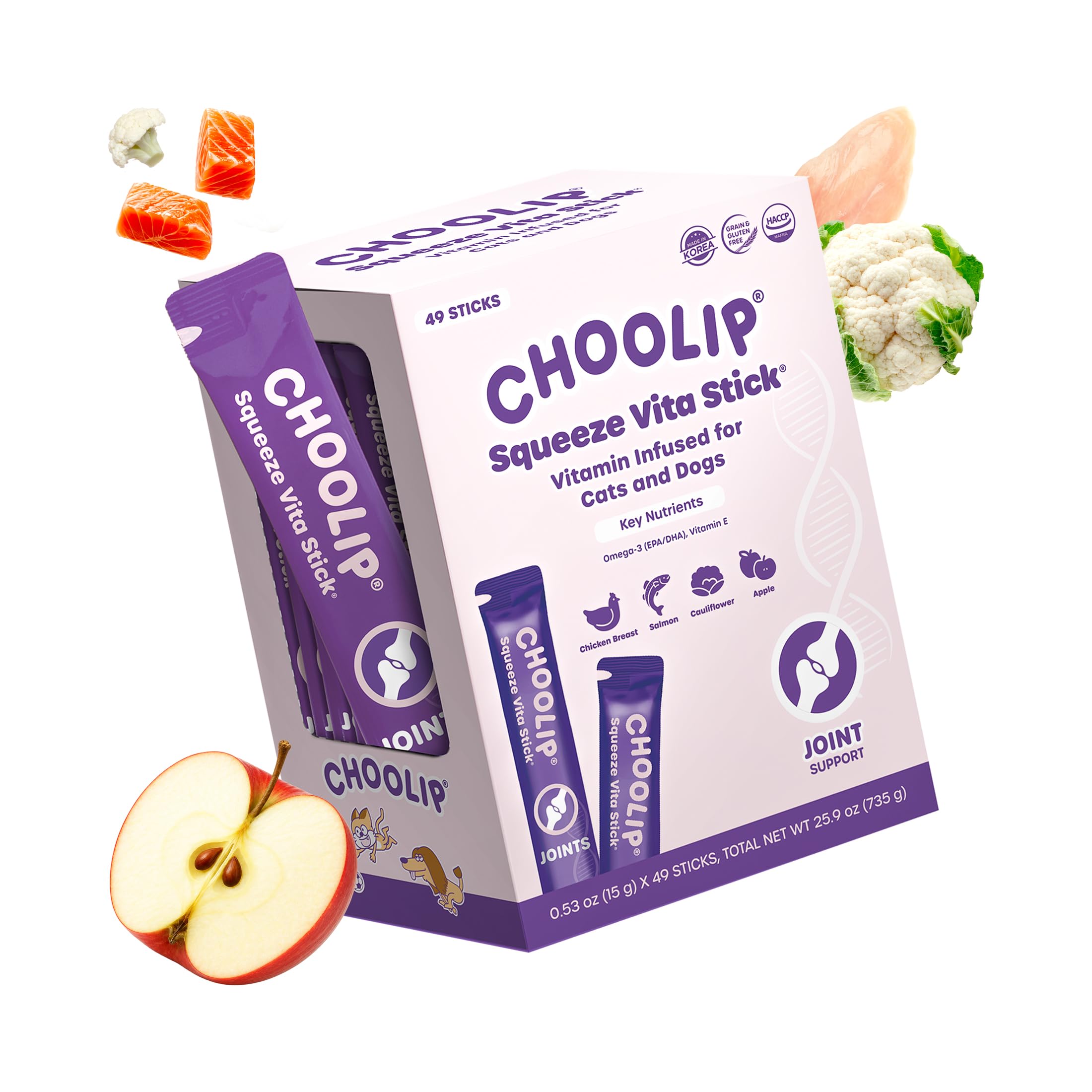 Choolip Squeeze Vita Stick Lickable Cat and Dog Treats, 49-Count Joint Support Variety Pack, Chicken and Salmon with MSM, Green-Lipped Mussel and Vitamin E
