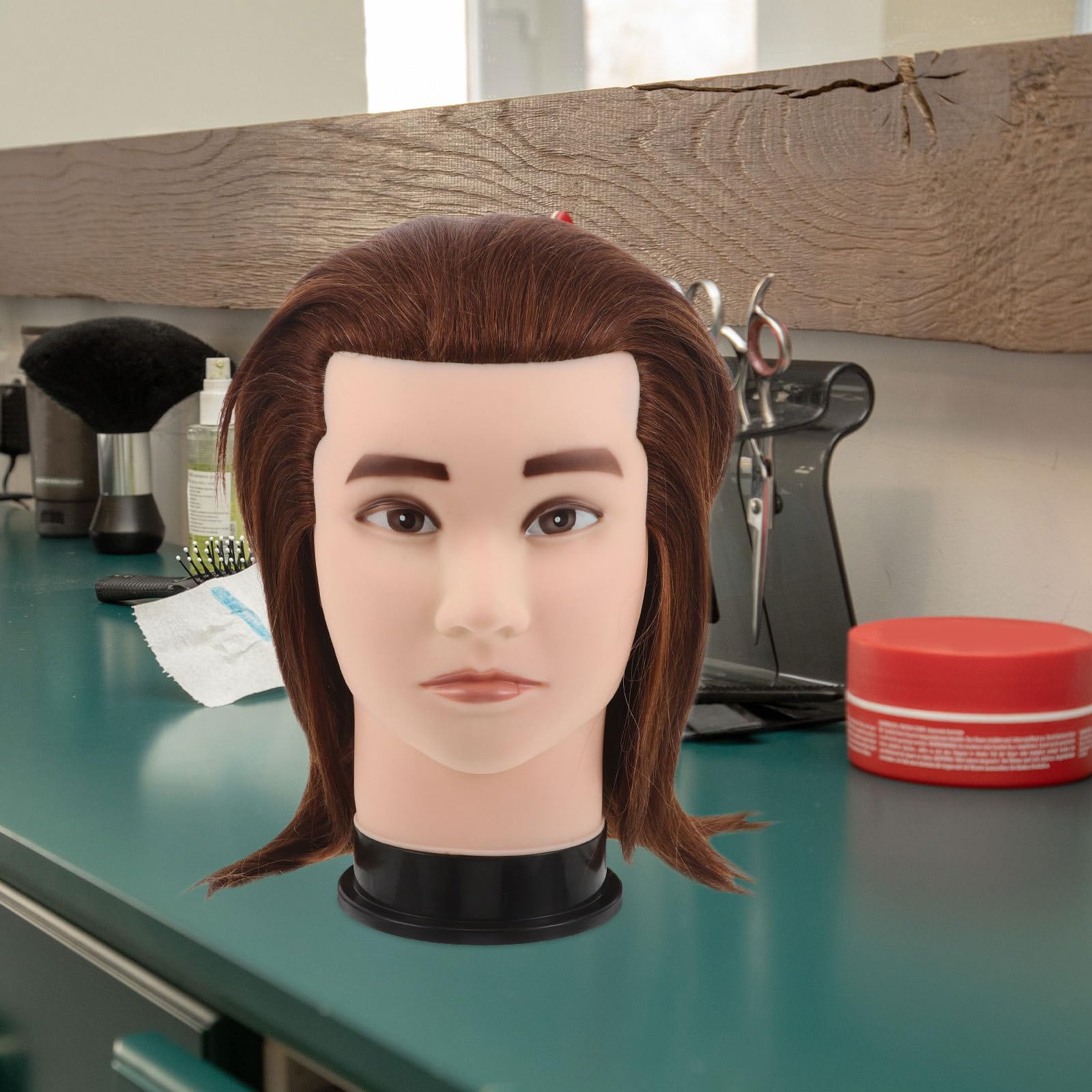 VALICLUD Übungskopf mit Echtem Haar Braun Friseur Schneidepuppe für Herrenhaarstyling und Kosmetikpraxis für Friseurausbildung und Bartpflege