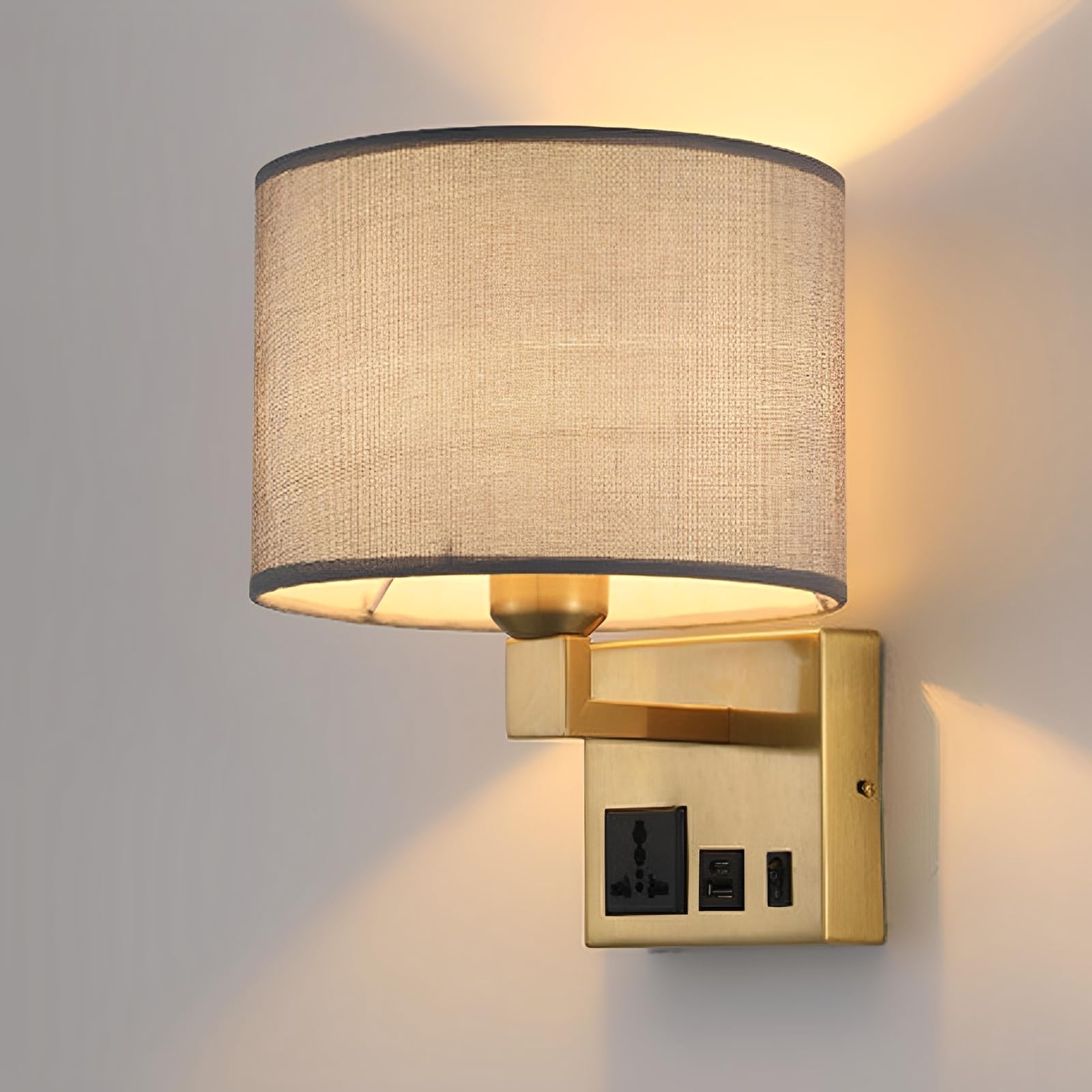 TCHAUSGZUS Hardwired Wall Sconce with USB Charging Port - Elegant Fabric Shade Indoor Lighting for Bedroom, Study, and Lounge(Gold+Gray)