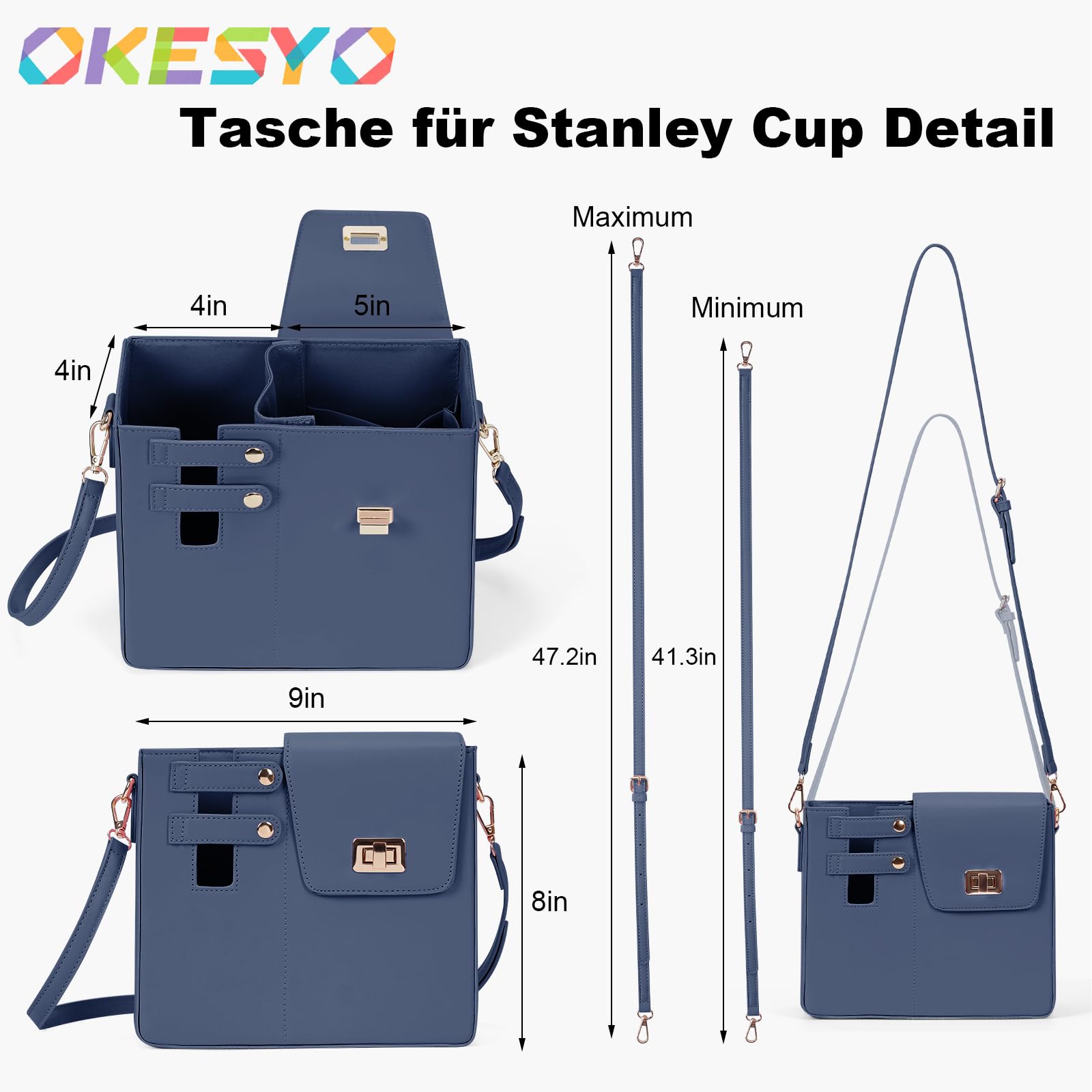 OKESYO Tas voor Stanley Cup, draagtas voor Stanley Cup 40 oz, Stanley Cup accessoiretas voor de meeste waterflessen met vak en verstelbare schouderriem (Blauw