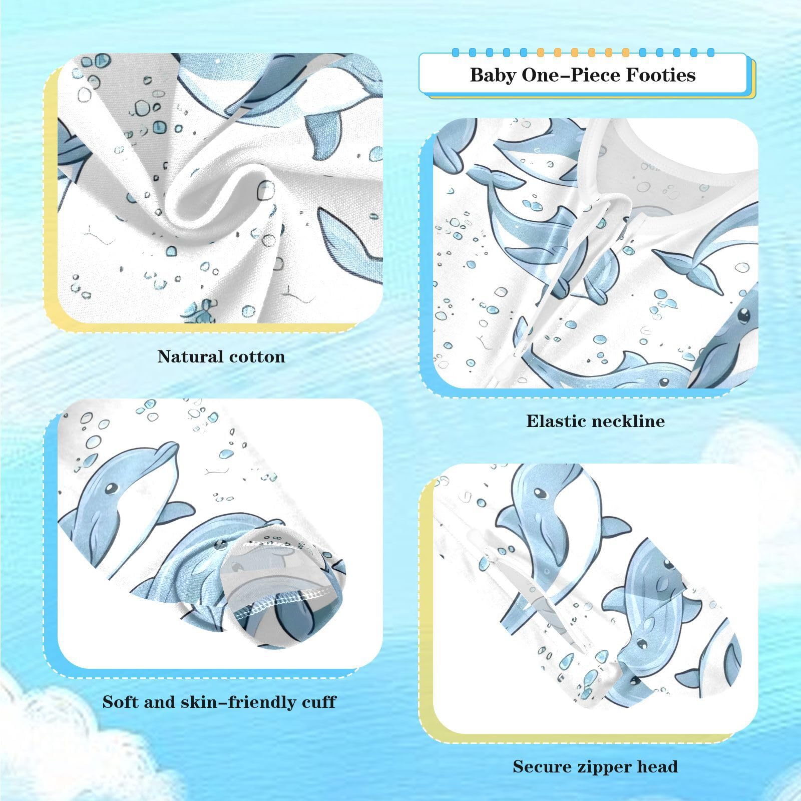 vvfelixl Baby Clothes Sleeper Cute Cartoon Dolphin Jumping Baby Onesies Play One-Piece Footies 2-Way Zip Closure for 12-18 Months