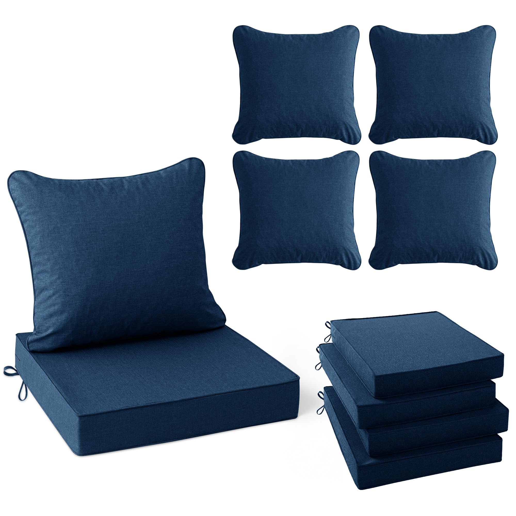 summsun outdoor chair cushions, faux linen backrest and deep seat cushion set for patio furniture with weather resistant removable cover, ties, non-slip bottom, 22 x 22 inch, navy, set of 4