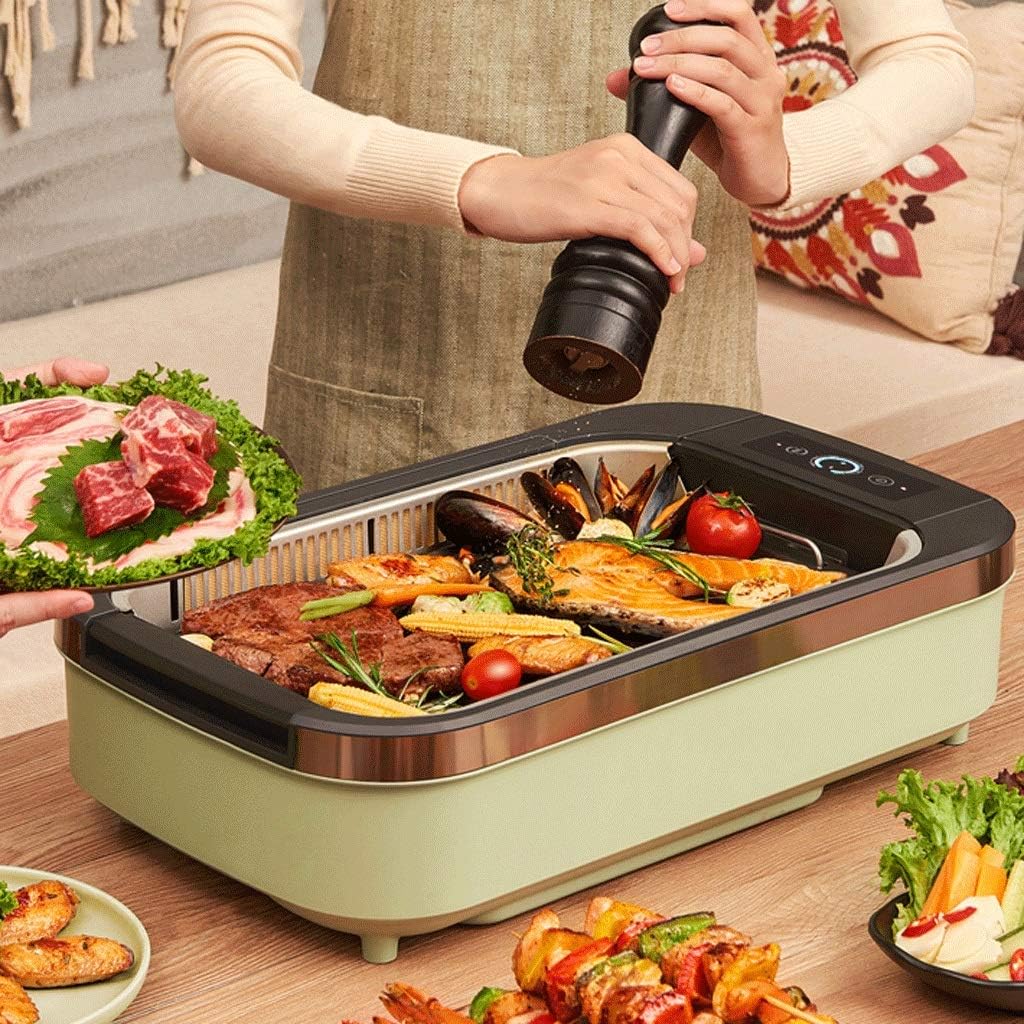 Hot Plate Electric Indoor Grill Smokeless Non-stick Coating Pancake, Supermarket With 40 Holes Oil Guide Design Cool-Touch 1500W, Spearmint