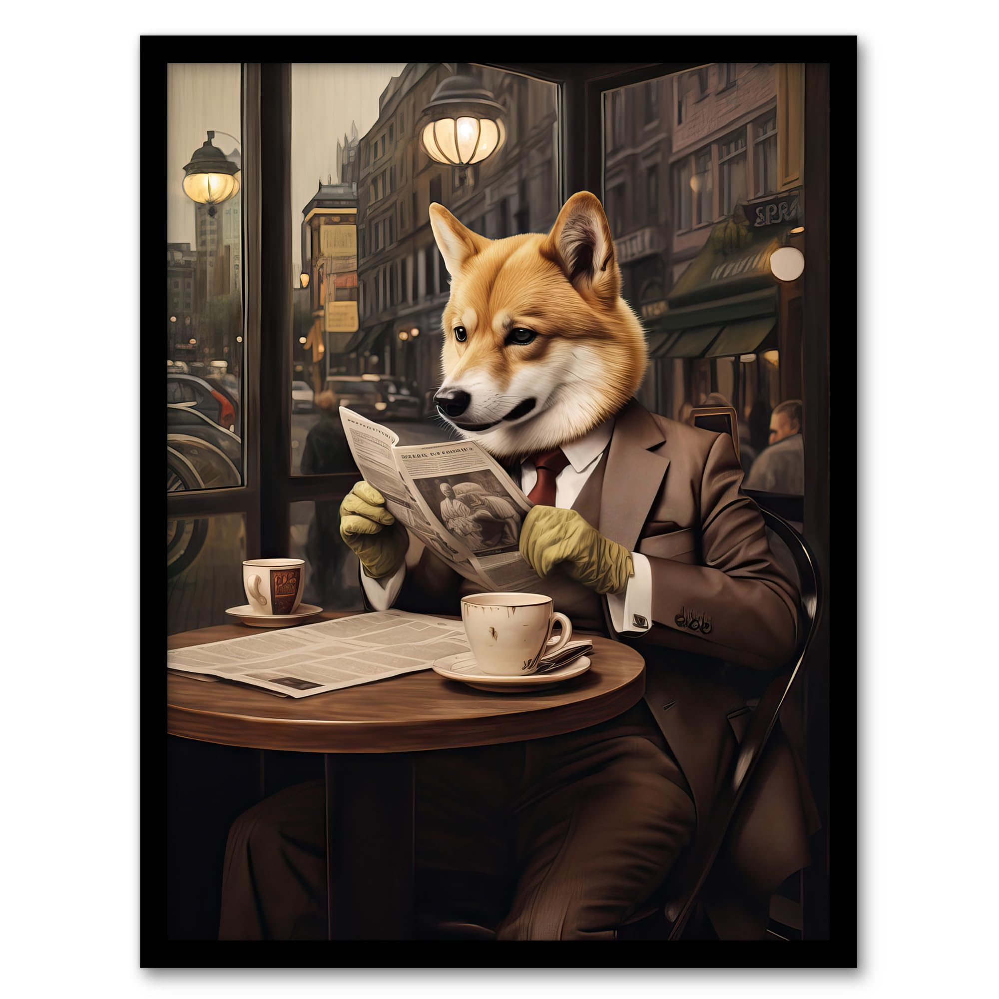 Artery8 Shiba Inu Coffee Shop Cafe Reading Newspaper Formal Dress Artwork Framed Wall Art Print 18X24 Inch
