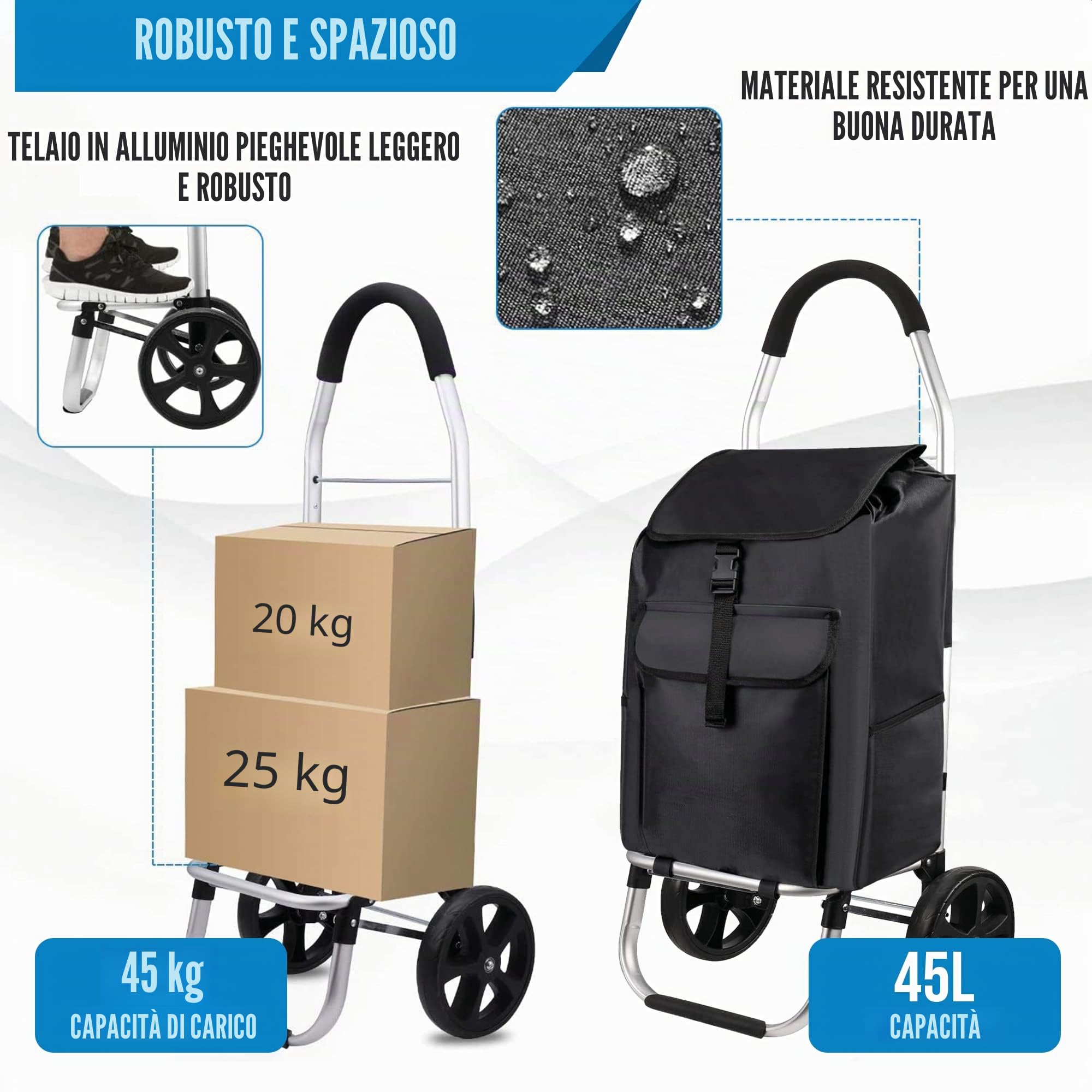 Strex Trolley della spesa con Ruote - Pieghevole - Borsa della spesa rimovibile - Carrello della spesa