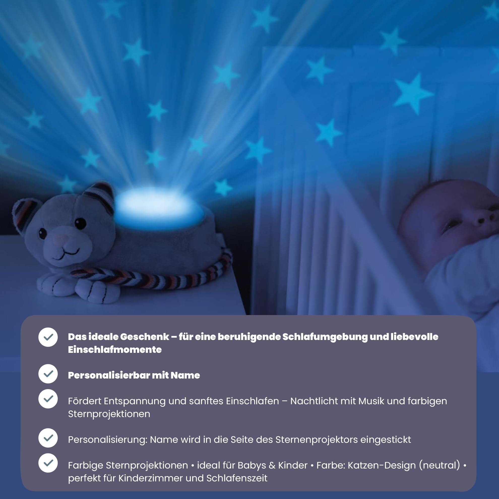Personalizzabile proiettore di stelle Kiki la gatta–luce notturna con musica e proiezioni di stelle colorate–melodie rilassanti e timer–personalizzato con nome stampato–ZAZU
