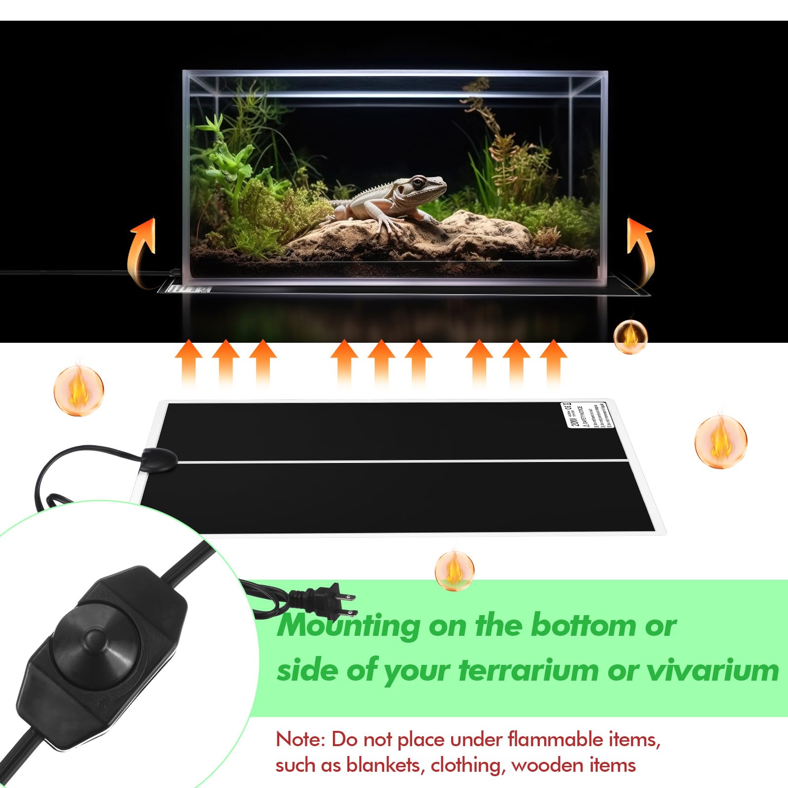 ROCEEI 3 alfombrillas de calor para reptiles de 11 x 16.5 pulgadas, 20 W, almohadilla de calefacción para reptiles con control de temperatura, alfombrilla de calor extraíble para terrario debajo del