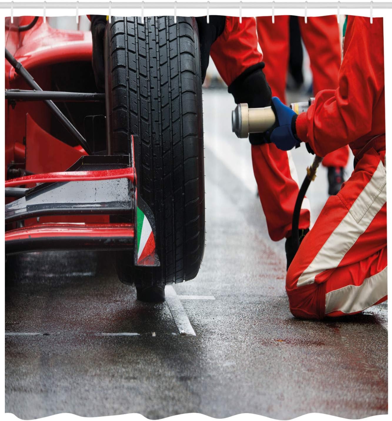 Ambesonne Man Cave Shower Curtain, Professional Photo Racing Team at Work Pit Stop Racecar Fast Tyre Changing Image, Cloth Fabric Bathroom Decor Set with Hooks, 69" W x 70" L, Multicolor