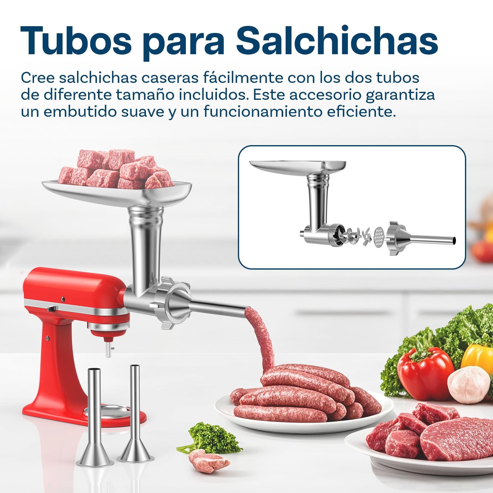 Accesorio Picadora de Carne para KitchenAid Batidora de Pie - Accesorio Trituradora de Alimentos con 4 Platos Picadores, 2 Tubos de Relleno de Salchichas, 2 Cuchillas Picadoras por MMOBIEL