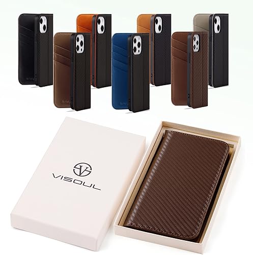 Miniatura 6 de VISOUL Funda tipo cartera para iPhone 13 Pro, funda magnética de piel de fibra de carbono con tarjetero para hombres y mujeres, funda con tapa con
