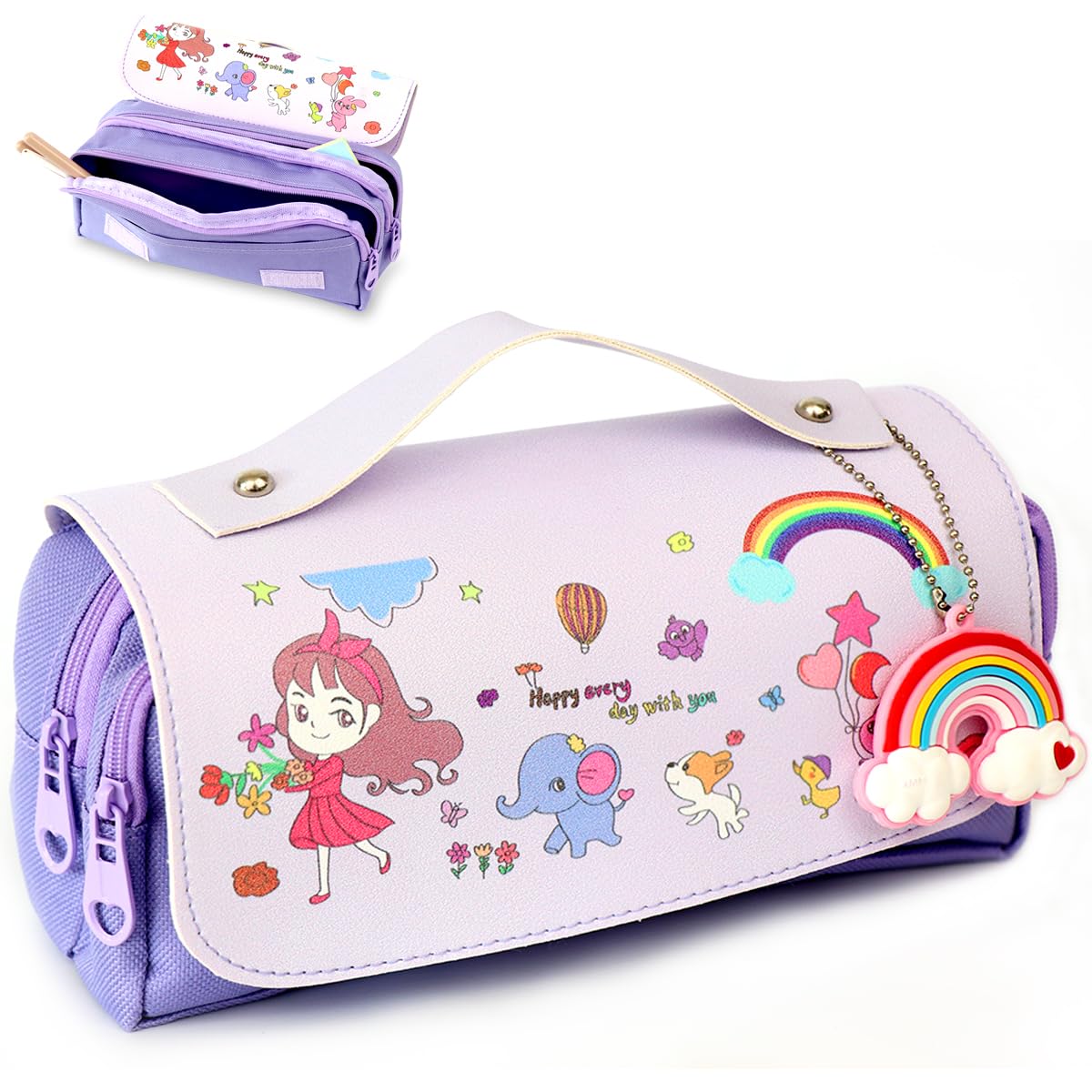 DBPBToU Estuche Escolar, Estuche Escolar para Niña, Estuche Escolar 3 Compartimentos, Estuche Escolar Grande, Pencil Case de Tela Oxford y Cuero PU (Morado Arco Iris)