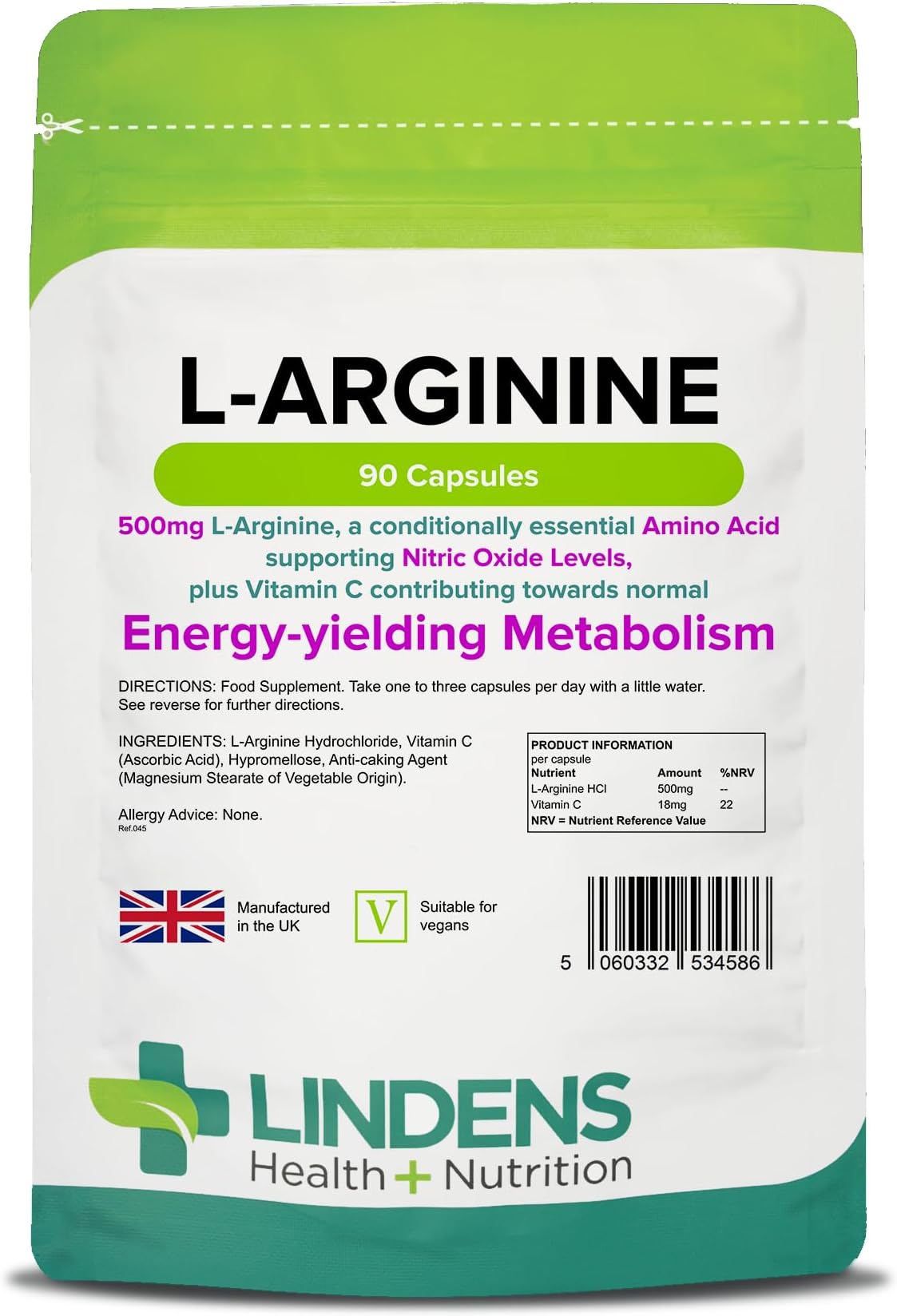 L-Arginine 500mg, 90 Capsules - UK Made - Amino Acid with Vitamin C - Supports Nitric Oxide Levels, Contributes to Vascular Performance & Metabolism - Letterbox Friendly