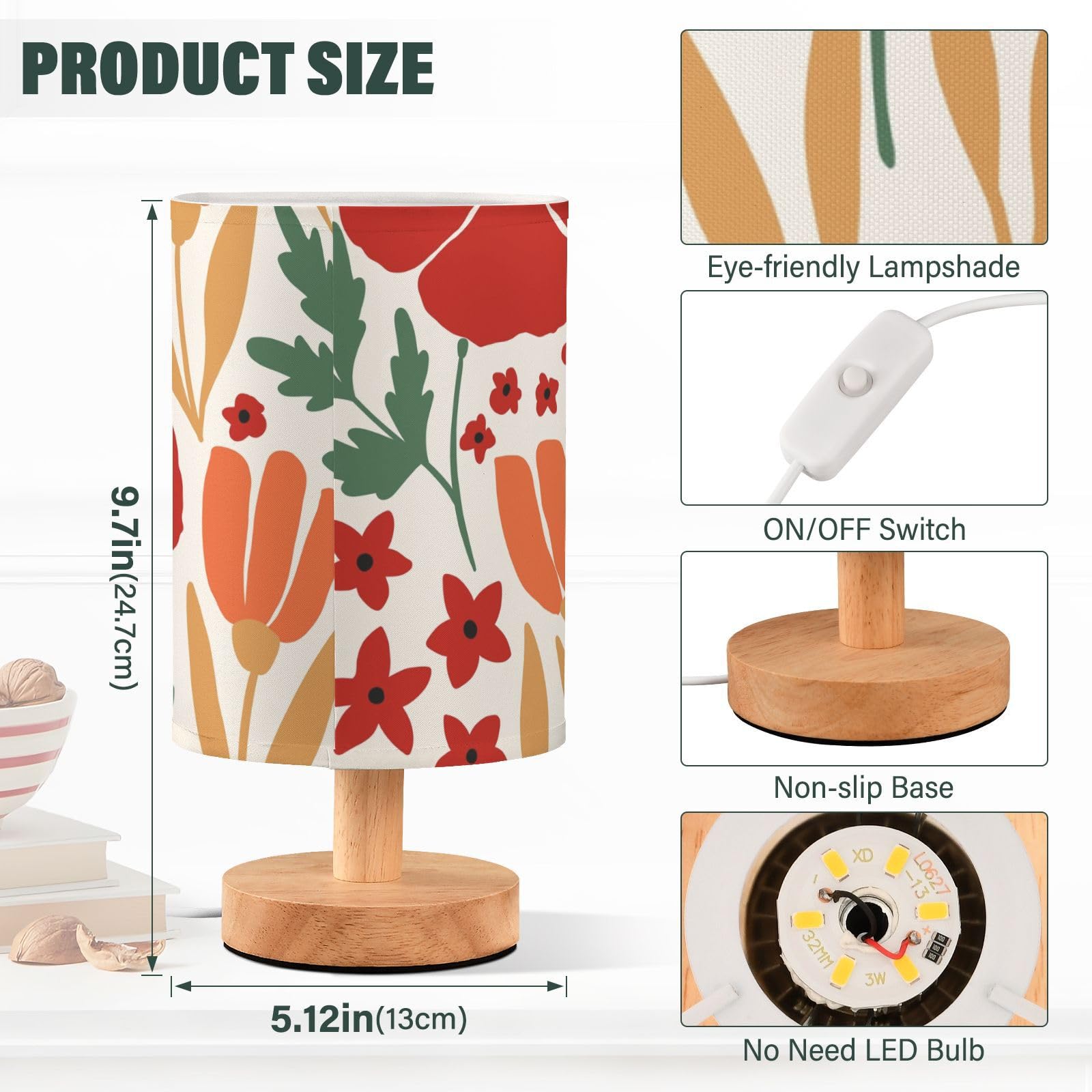 Mnsruu Bedside Table Lamp Red Poppies Flowers Poppy Bedside Lamps LED Light Desk Lamp Fabric Shade Small Lamp for Bedroom Living Room (Bulb Included) - Image 3