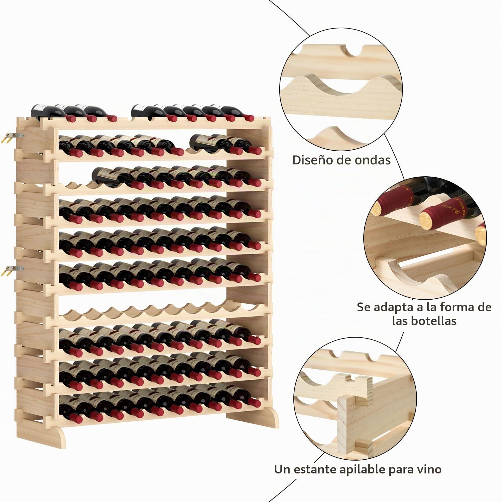 SogesHome Botellero apilable para Vino de 10 Niveles, Almacenamiento de Vino para 100 Botellas, Soporte para Botellas de Vino de Madera