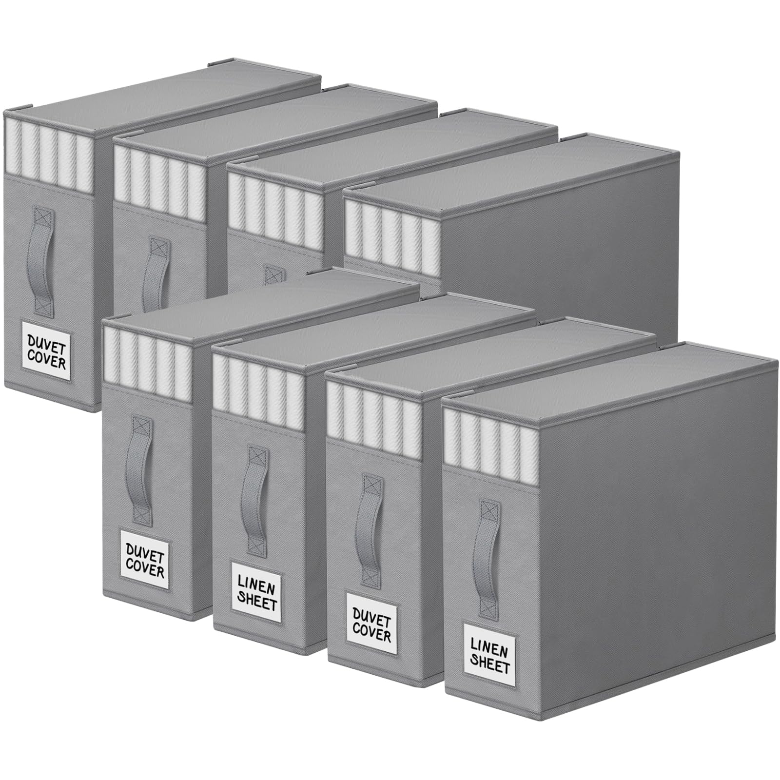 8 Pack Bed Sheet Closet Organizers and Storage,Sturdy Foldable Storage Containers with Window and Label,Storage and Organization for Bedding Sheets,Duvet Covers,Blankets (Grey)
