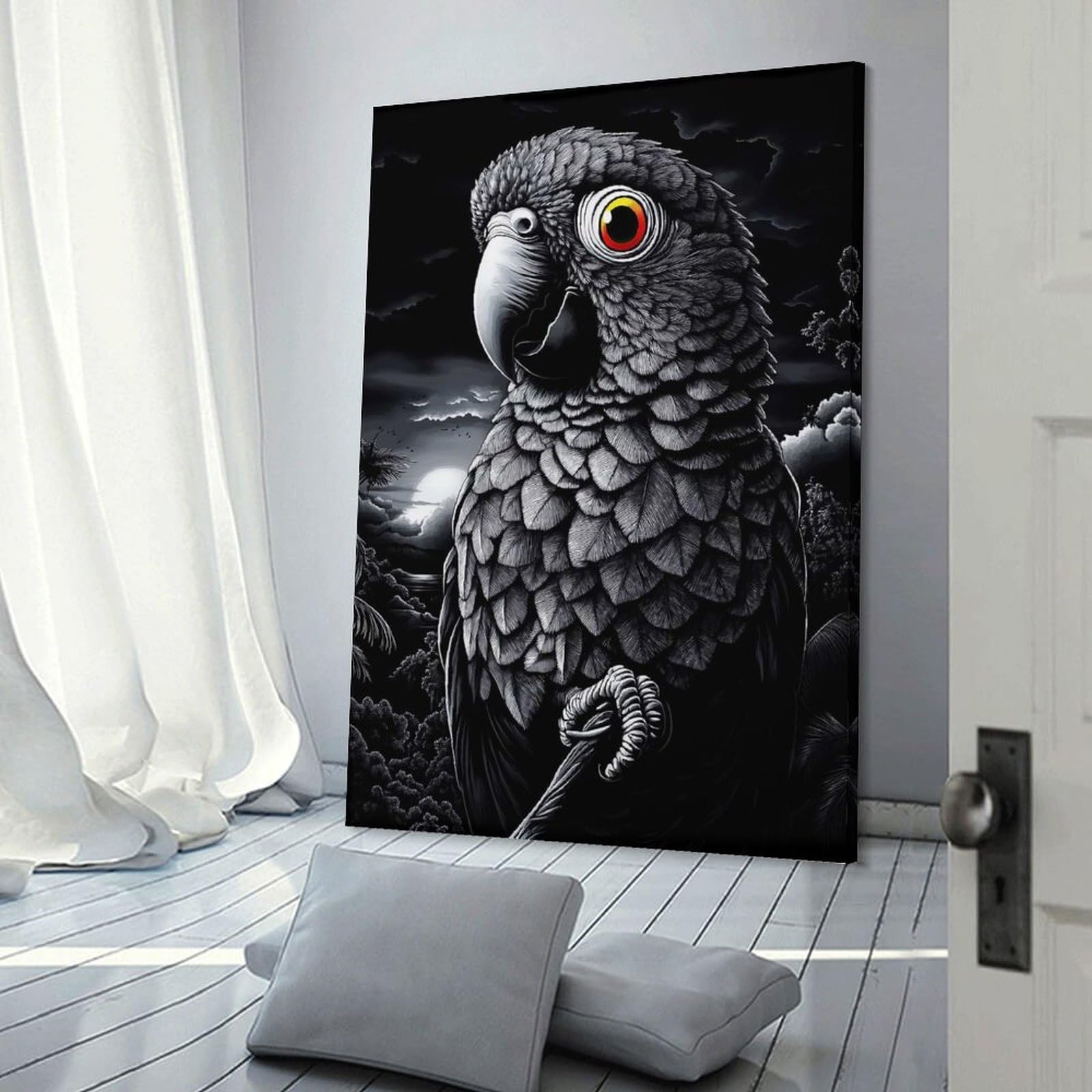 Junmoney Gray Parrot Night Portrait Home Decor Wall Art, 24x36inch(60x90cm), for Living Room, Bedroom Or Home Office, Home Decor Gift with Stylish Appeal
