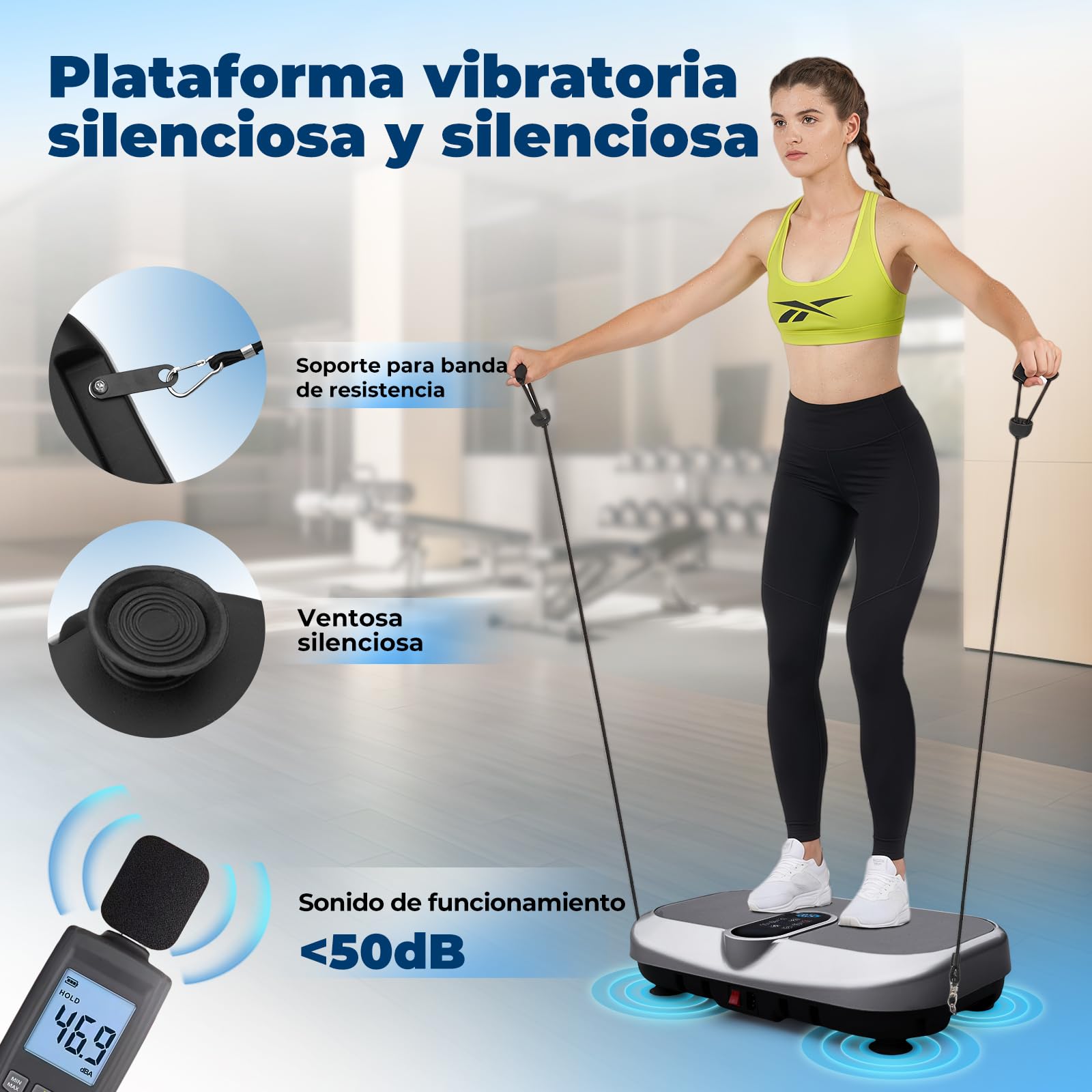 Plataforma Vibratoria 150KG, 120 Niveles de Vibración, 9 Programas de Entrenamiento Automáticos, Altavoz Bluetooth, Plataforma Vibración Muscular con Control Remoto y Banda de Resistencia