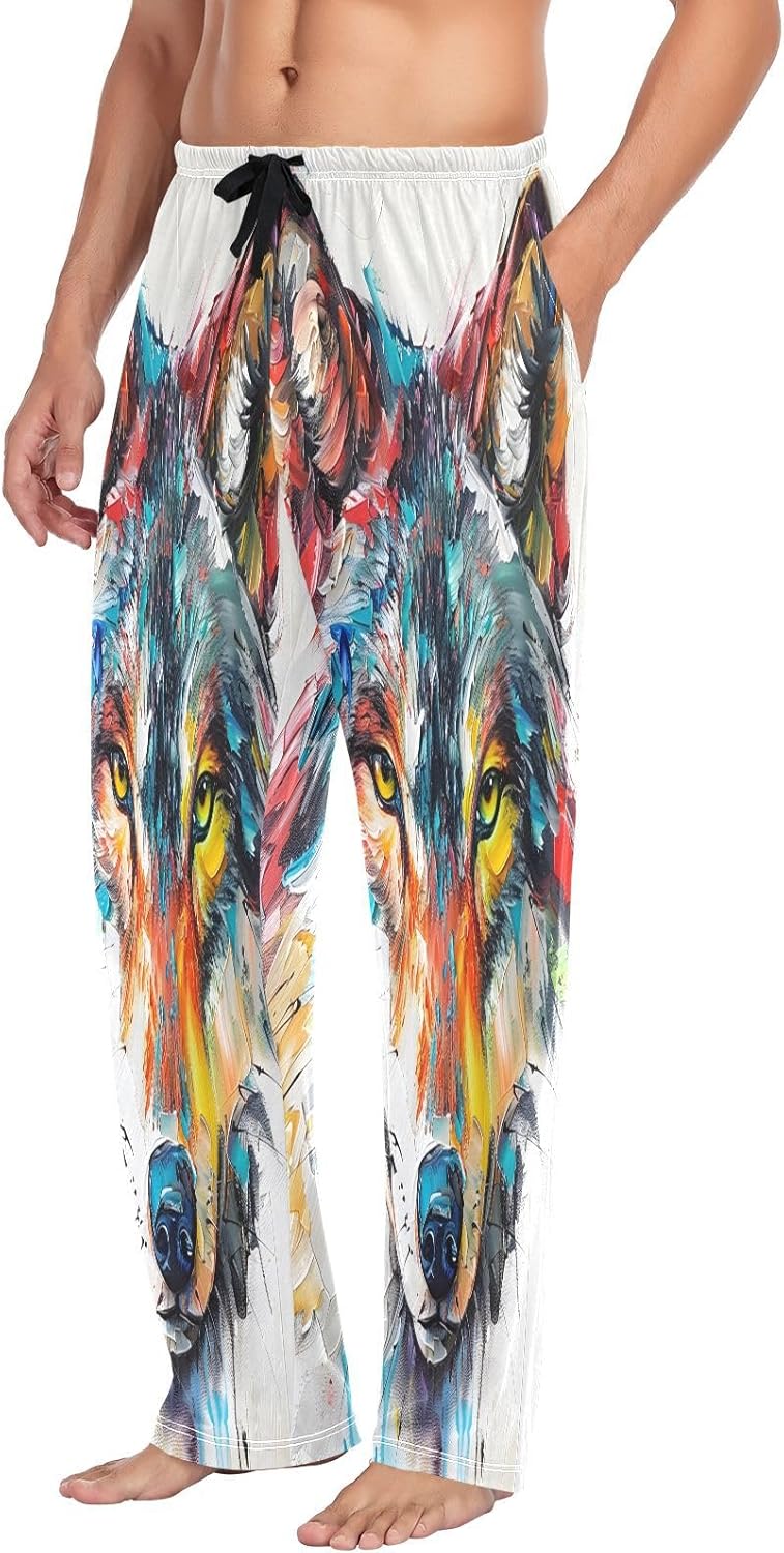 ALAZA Colorful Wolf Portrait Men's Pajama Pants Men Cotton Pajama Bottoms with Pockets, S