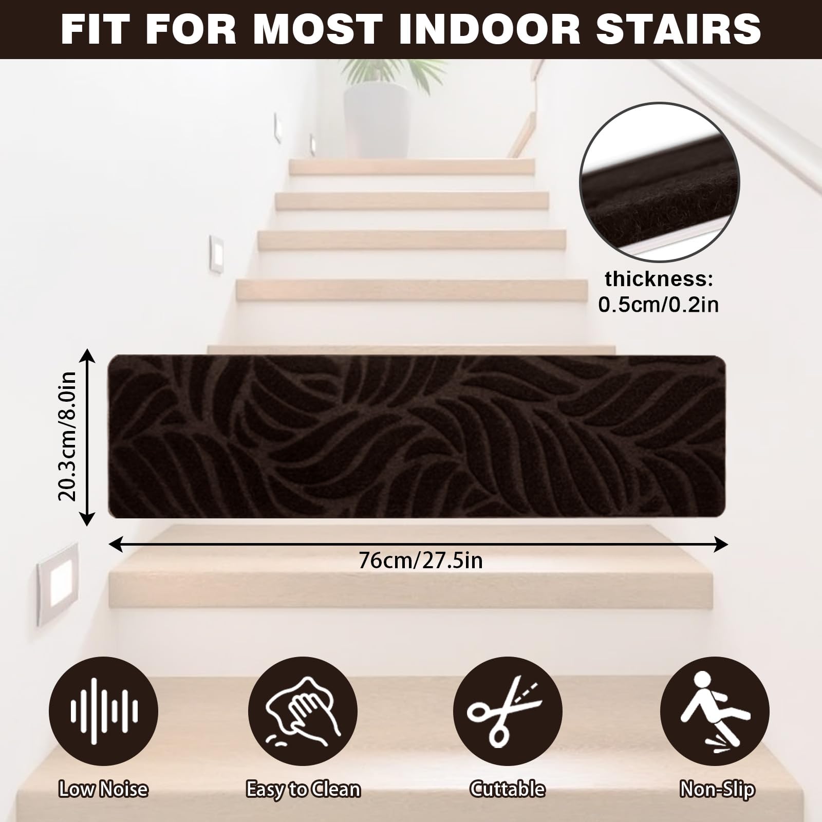 15 alfombrillas autoadhesivas para peldaños para escaleras, antideslizantes, autoadhesivas, para interiores, para niños, ancianos y mascotas (café-A, 76 x 20 cm)