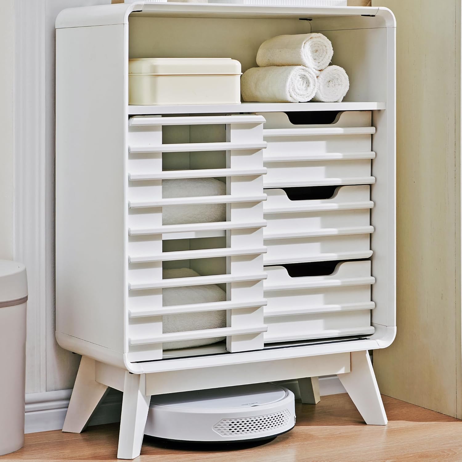 RedLemon Slatted Door Floor Cabinet, Small Mid-Century Bathroom Storage Cabinet w/3 Smooth Sliding Drawers, Adjustable Shelf, Curved Edges & Stable Support Legs for Bathroom, Solid White