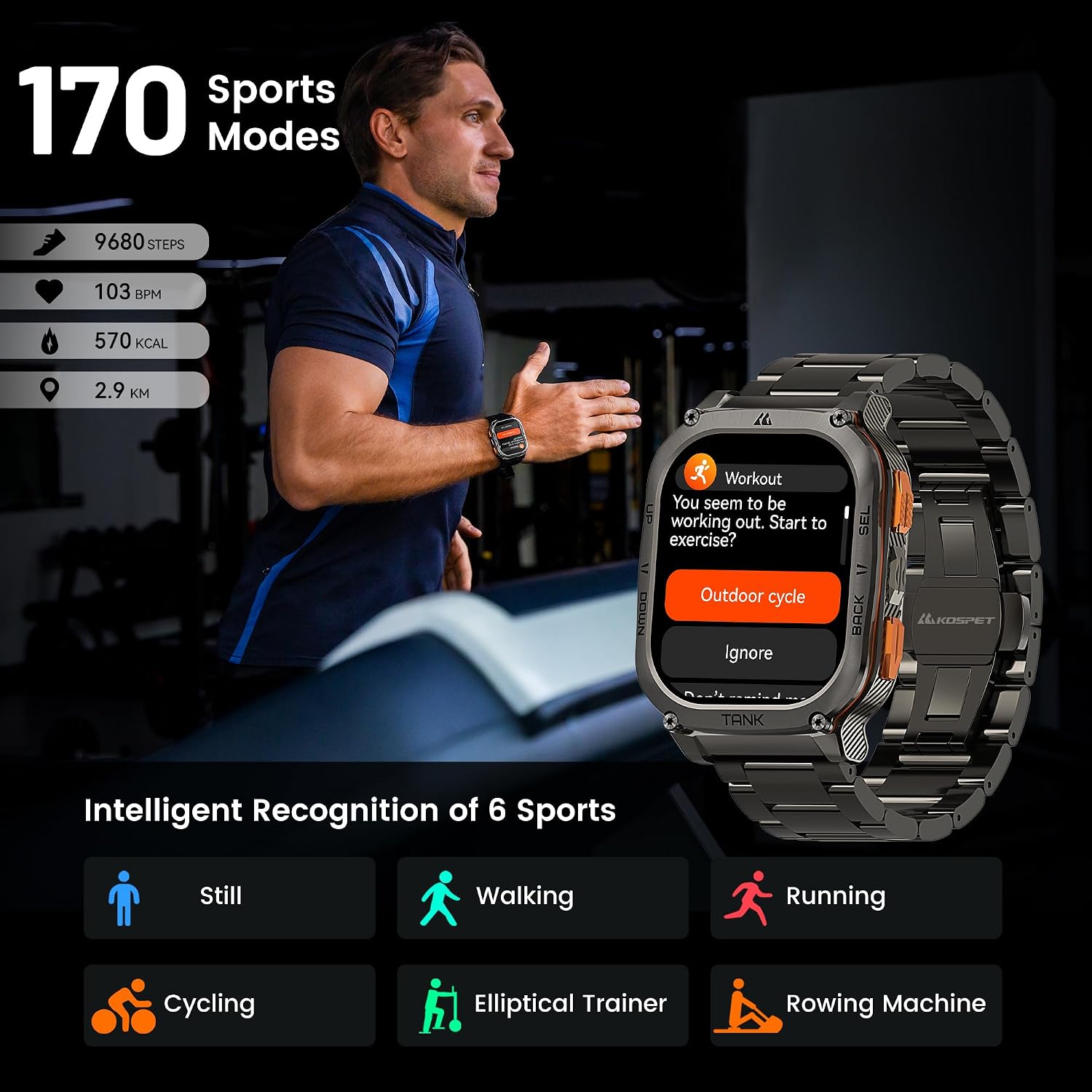 KOSPET Tank M3 Ultra Smart Watch displaying various sports modes and intelligent recognition.