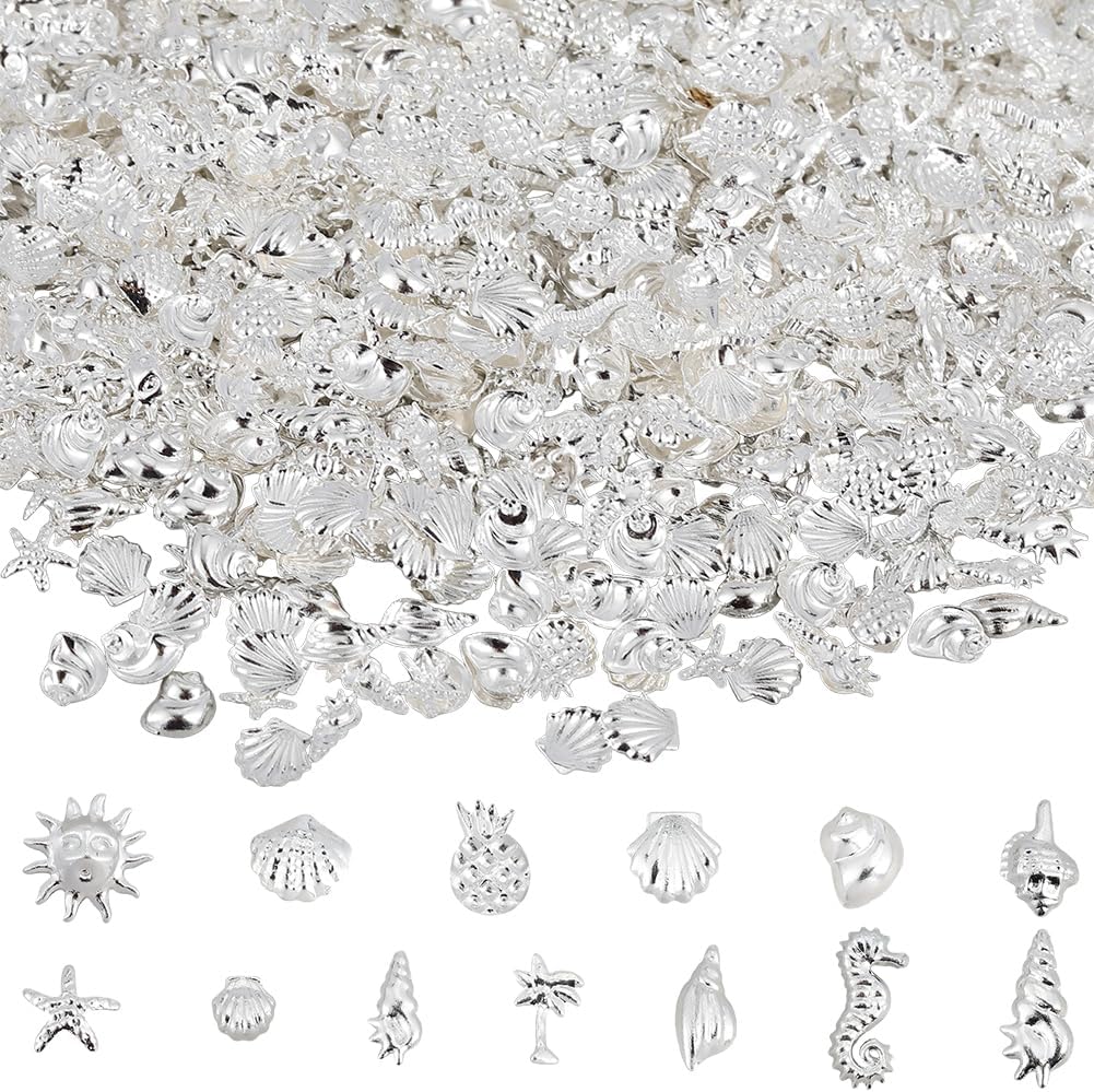 SUNNYCLUE 1 Box 1300Pcs 13 Styles Ocean Nail Charms Shell Nail Gems Silver Brass Metal Summer Conchs Seahorse Starfish Marine Life Manicure Decoration for Scrapbook Bookmarks Phone Case Embellishments