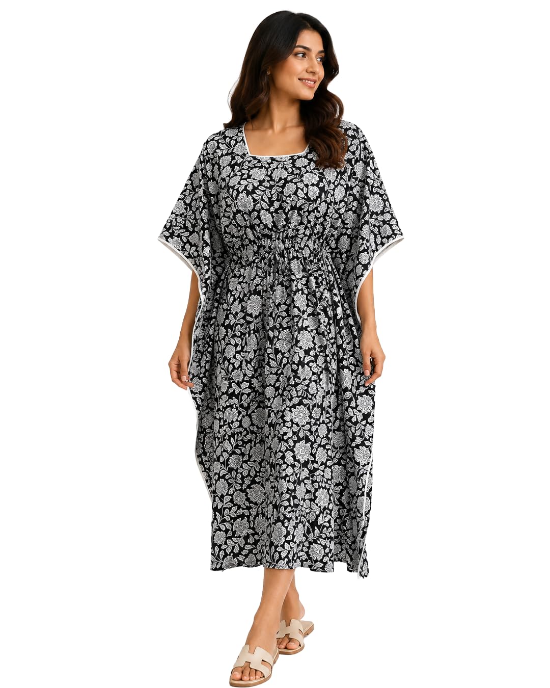 Midnight Bloom Floral Cotton Kaftan Dress for Women | Relaxed Fit Drawstring Lounge Dress | Lightweight Printed Cotton Resort Wear Kaftan by Yukti-image-40