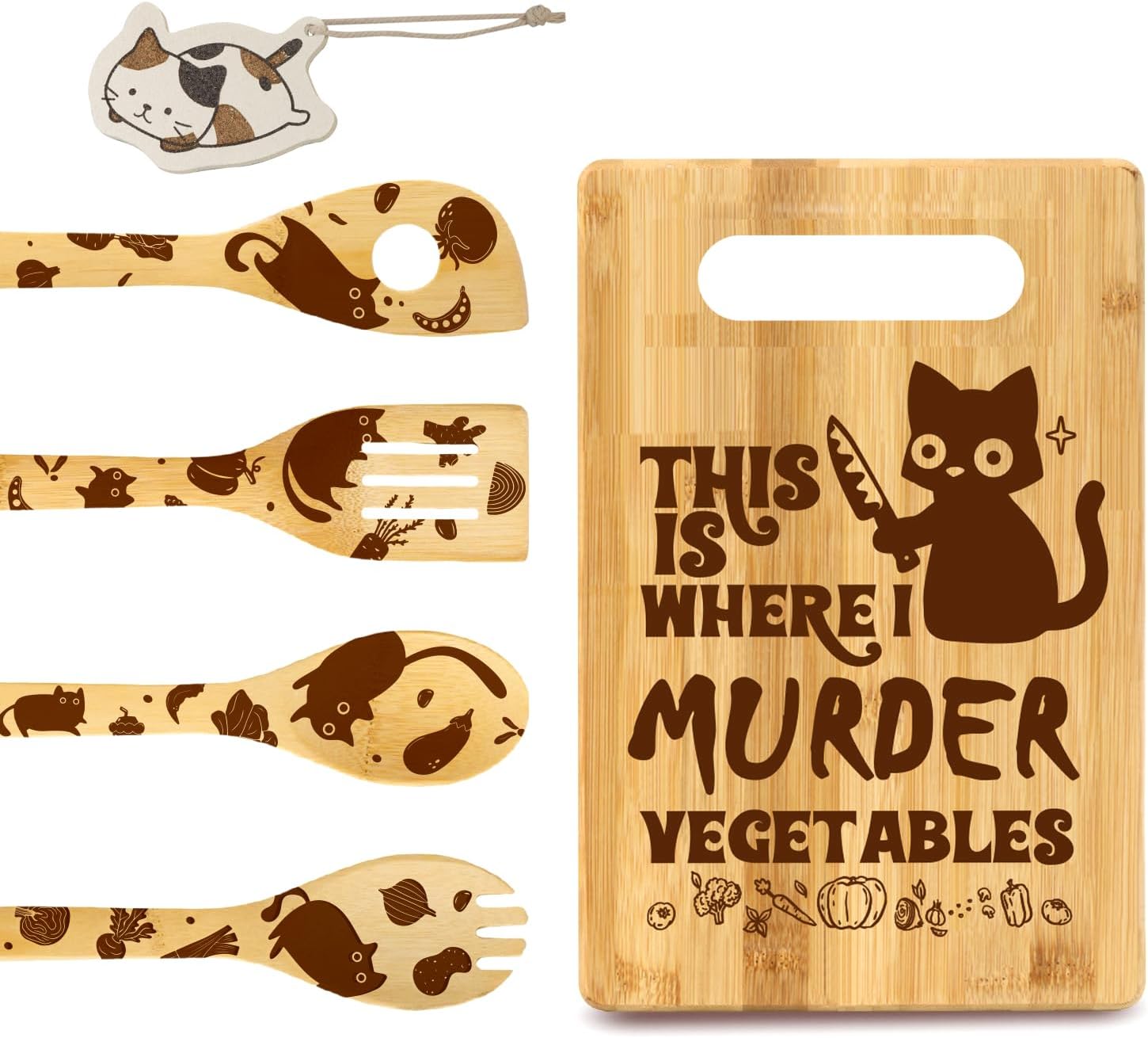 Funny Black Cat Murder Vegetable Cutting Board with 4 Pcs Spoons & Cleaning Sponge, Unique Cat Gifts for Cat Lover Women, Christmas Gifts for Mom Dad Birthday Housewarming, Black Cat Decor for Kitchen