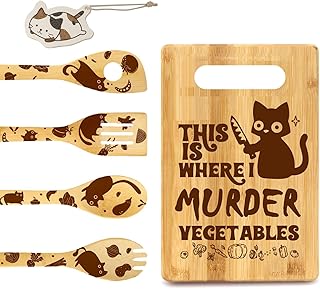 Funny Black Cat Murder Vegetable Cutting Board with 4 Pcs Spoons & Clean...