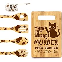 Funny Black Cat Murder Vegetable Cutting Board with 4 Pcs Spoons & Cleaning Sponge, Unique Cat Gifts for Cat Lover Women, Christmas Gifts for Mom Dad Birthday Housewarming, Black Cat Decor for Kitchen