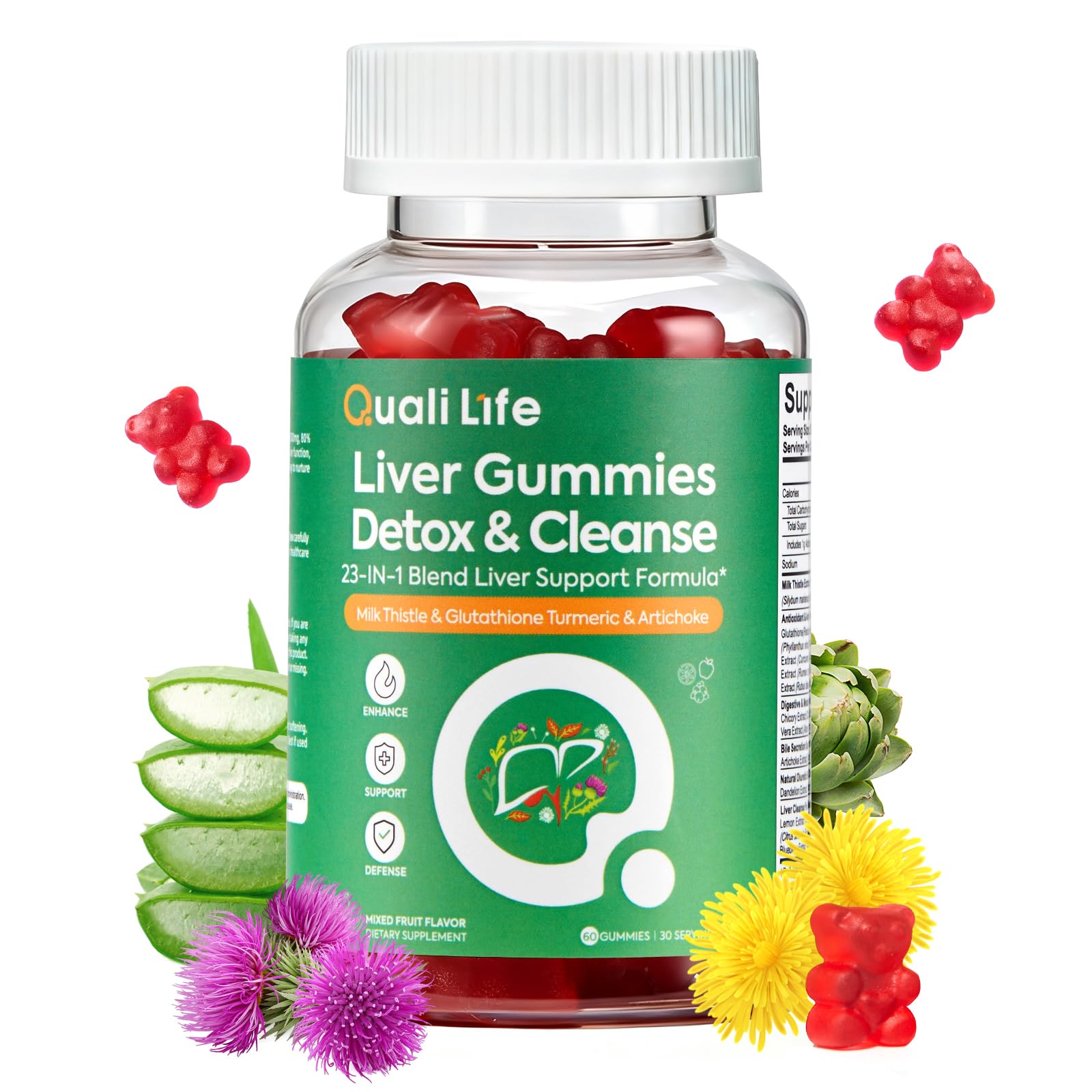 QualiLife Suplemento fitoterápico de cardo-mariano, 2000 mg, sabor Fruit Punch, 60 gomas