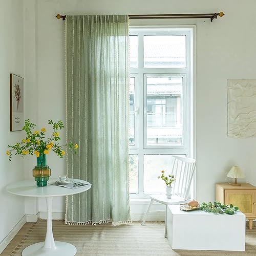 Miniatura 7 de Deeprove - Cortinas bohemias verdes de 84 pulgadas de largo para dormitorio, sala de estar, lino de algodón con bordado de rayas pesadas, cortina de