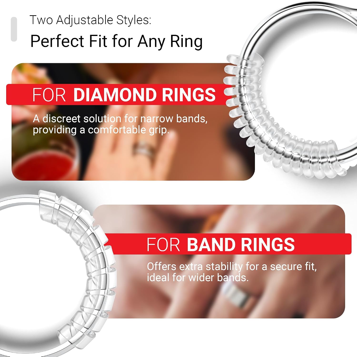 Ring Sizers for Loose Rings, Omilly Invisible Silicone Ring Guards, Jewelry Fitter Resizer for Women & Men, Fits Almost Any Ring, Easy to Use, 12 Pack 4 Sizes