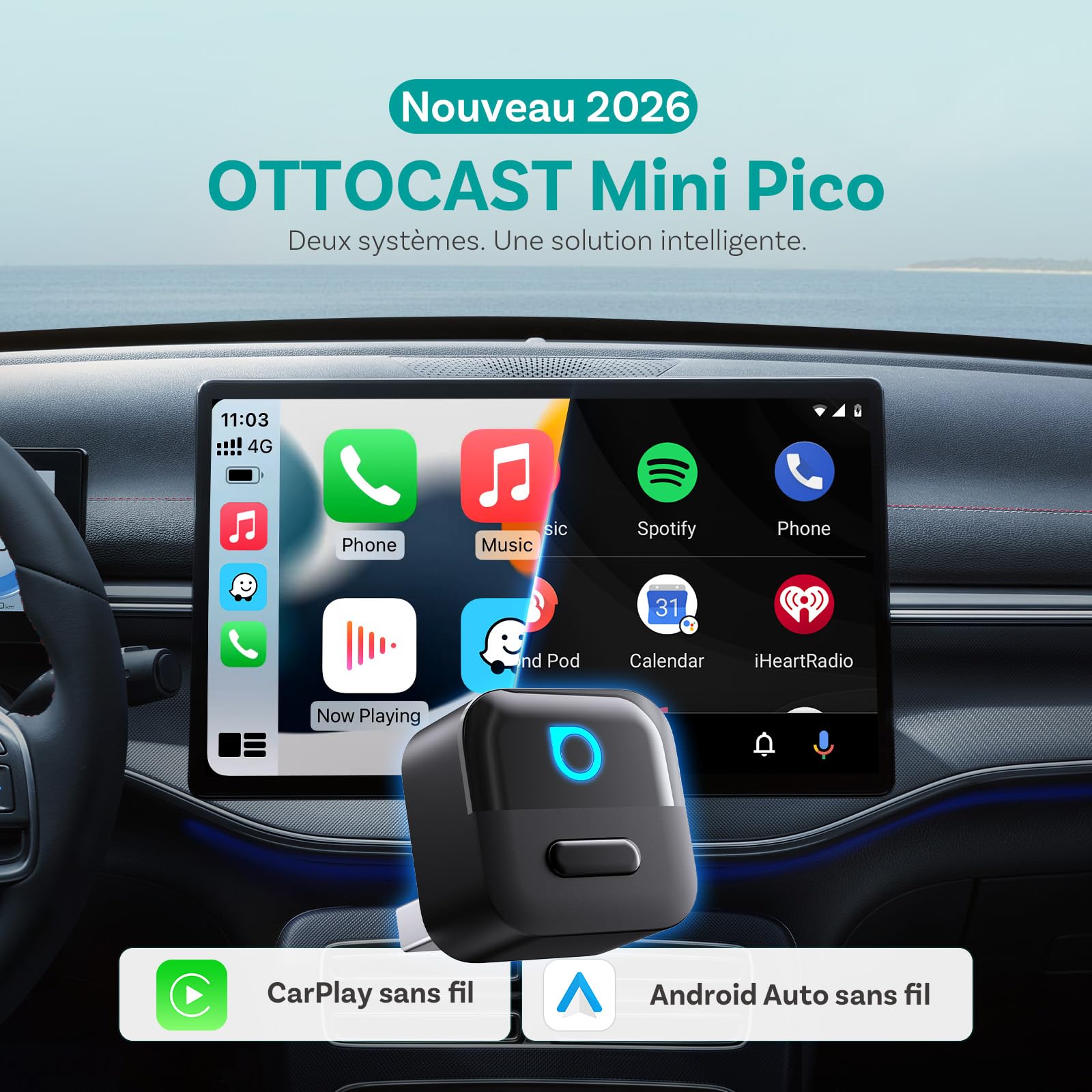 (2026 Nouveau) OTTOCAST 2 en 1 sans Fil Adaptateur CarPlay & Android Auto, Ottocast Mini Pico avec Déconnexion en Un Seul Appui, BT 5.4, Plug & Play pour Voitures avec CarPlay/Android Auto d’Origine