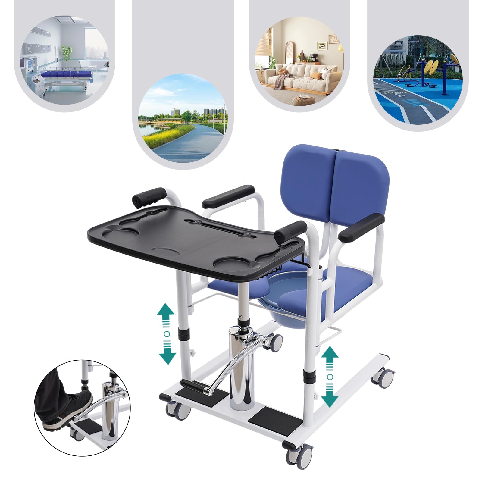 Silla de transferencia hidráulica para pacientes con ruedas y función de aseo, ayuda de transferencia, silla de ruedas, altura regulable hasta 150 kg