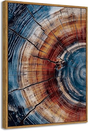 BingruiArt Anillo de árbol enmarcado para pared, arte abstracto de pared de madera, bohemio, moderno, colorido, naturaleza, pintura de tocón de