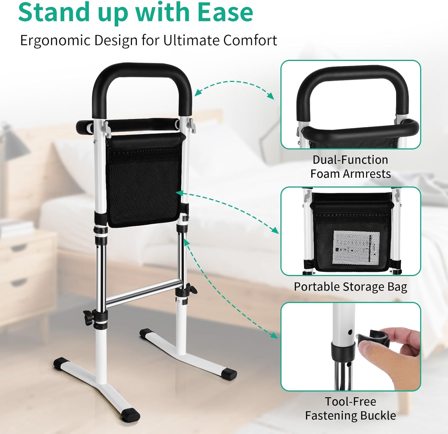 Stand Assist Aid for Elderly - Mobility Aid for Seniors with 5-Level Height Adjustment, 300Lbs Capacity & Dual Handrails for Safe Toilet and Couch Use, Includes Storage Pouch for Convenience