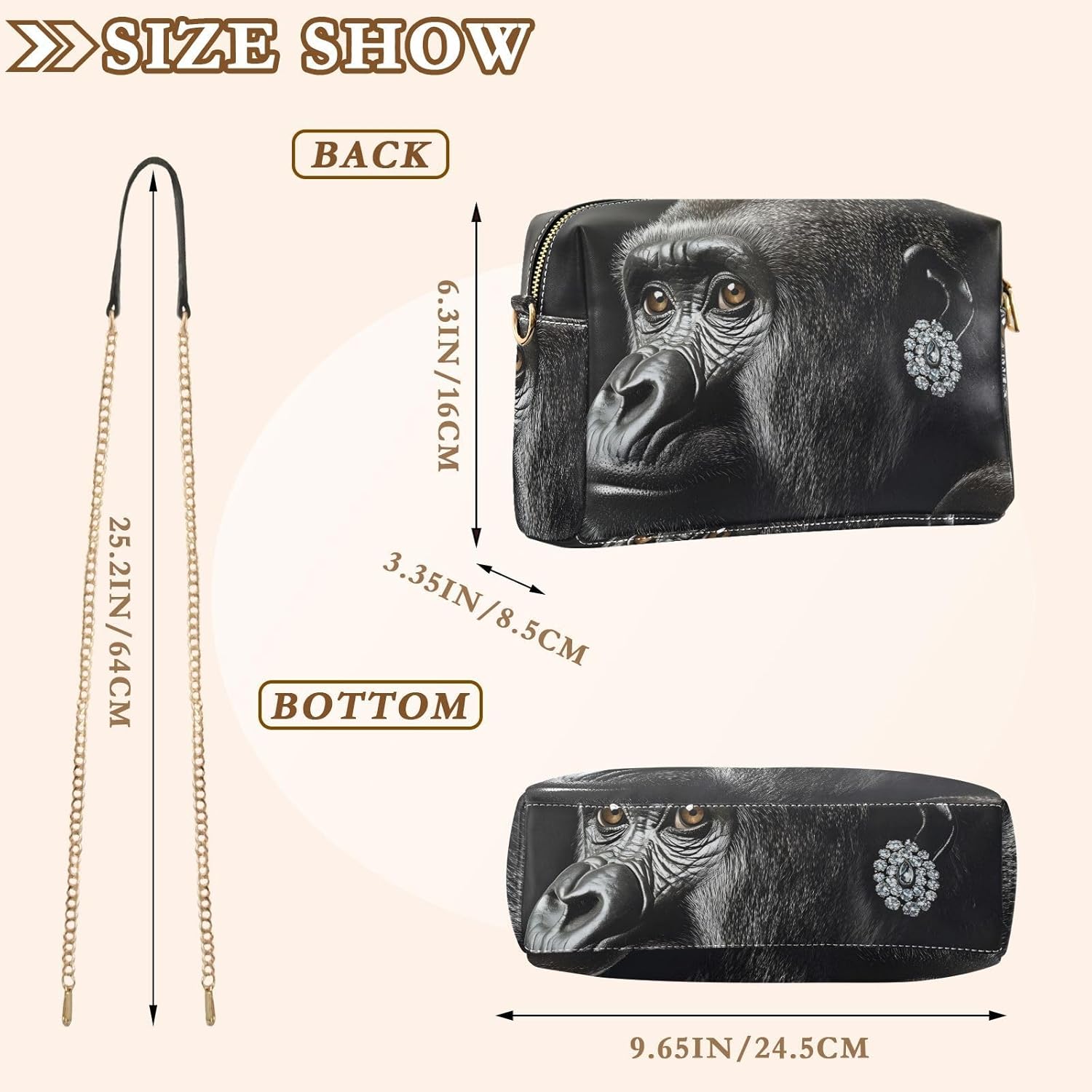 Women Crossbody Bag Shoulder Handbag Cellphone Purse Beautiful Gorilla Print, PU Leather Metal Chain Strap Water Resistant Zipper Closure