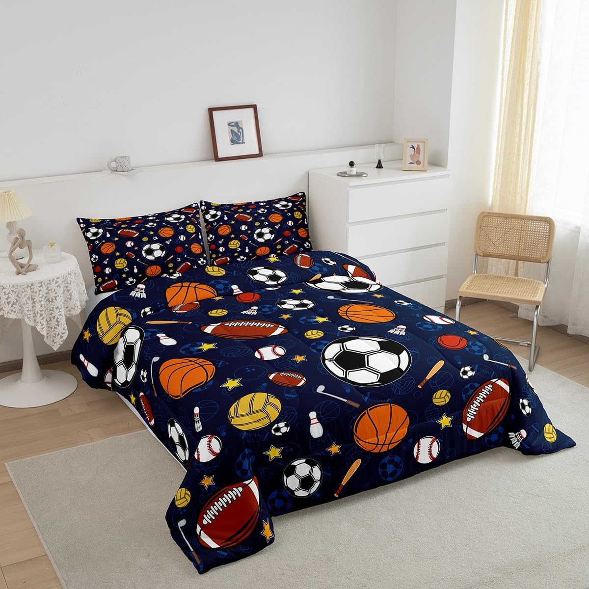 Feelyou Boys Football Comforter Set Twin Size Basketball Baseball Rugby Bedding Set for Boys Girls Volleyball Badminton Sports Theme Comforter Women Men Duvet Set with 1 Pillow Case