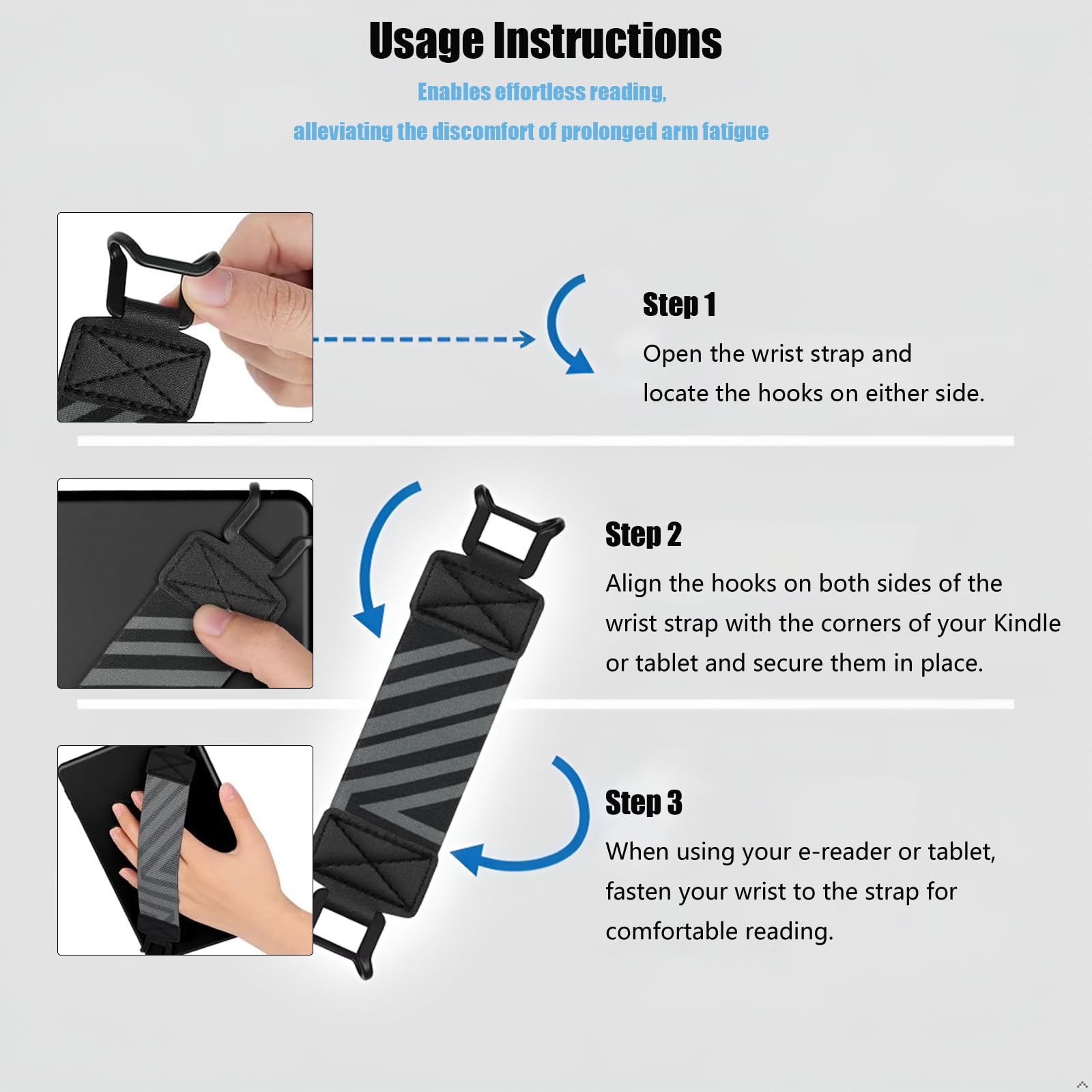 Universal Correa de Mano Elástica con Soporte de Dedo para 6-8 y Kindle, Sujeta Kindle para Leer en la Cama - Accesorios Kindle Negro (1 Pieza) - 3